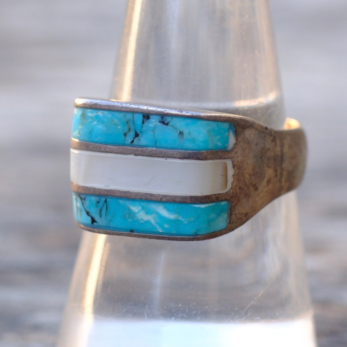 Vintage Sterling Turquoise and Mother Of Pearl Inlay Ring 8.75
