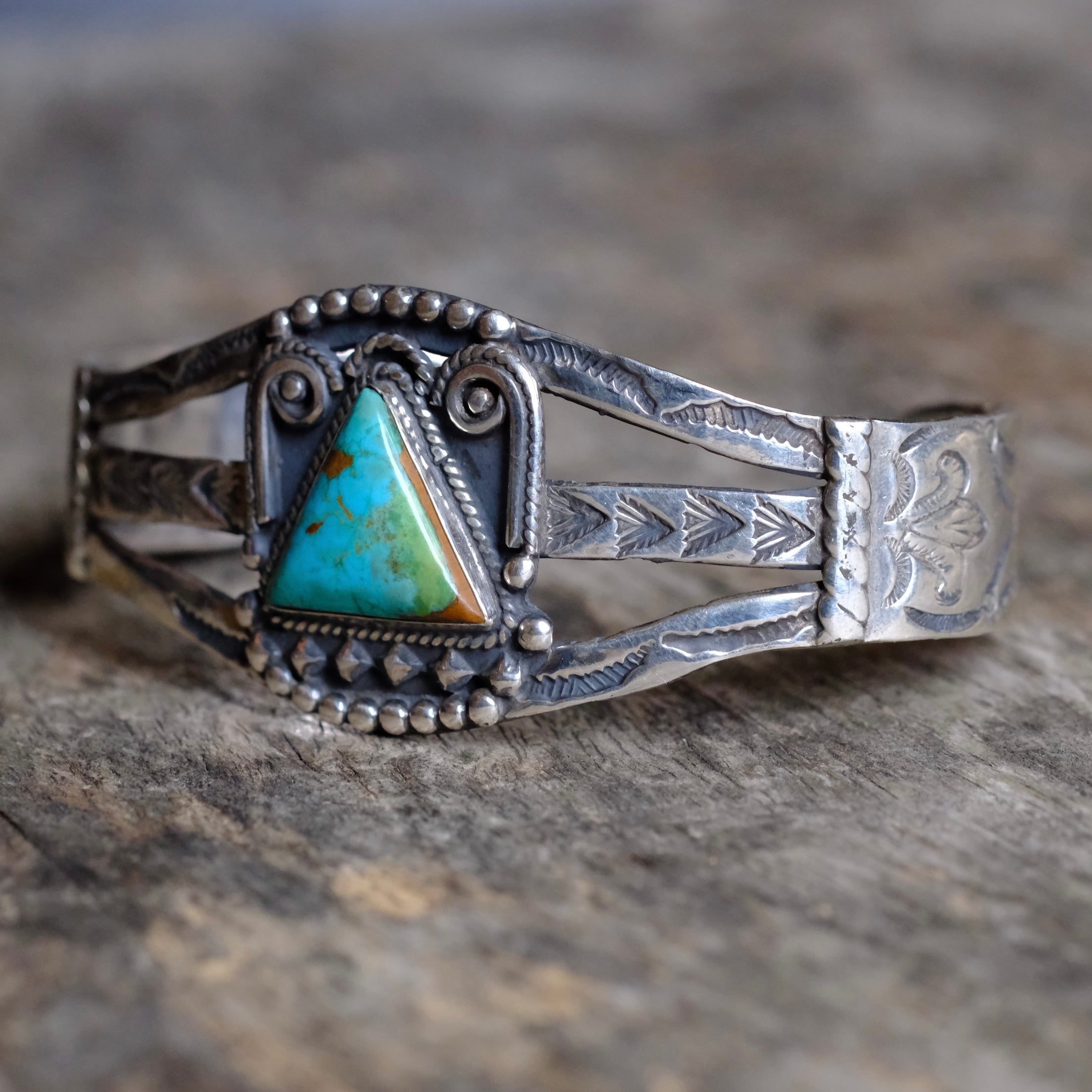 Vintage Fred Harvey Era Sterling Turquoise Stamped Cuff Bracelet