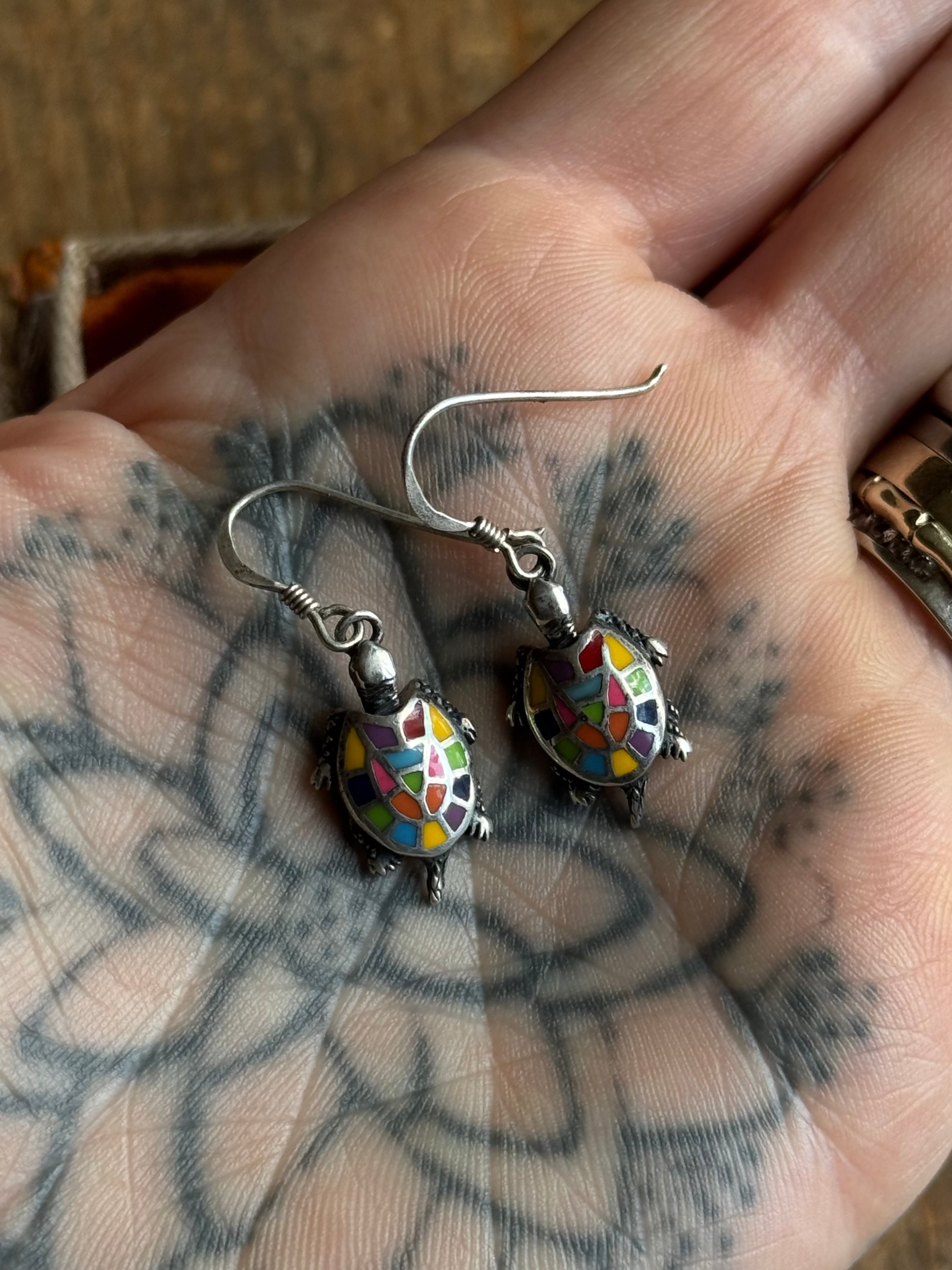 Vintage Sterling Silver Multicolor Enamel Turtle Earrings