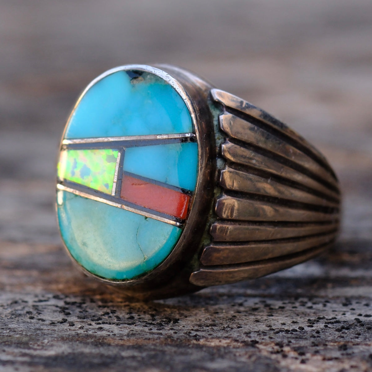 Vintage Sterling Multistone Inlay RIbbed Band Ring 10