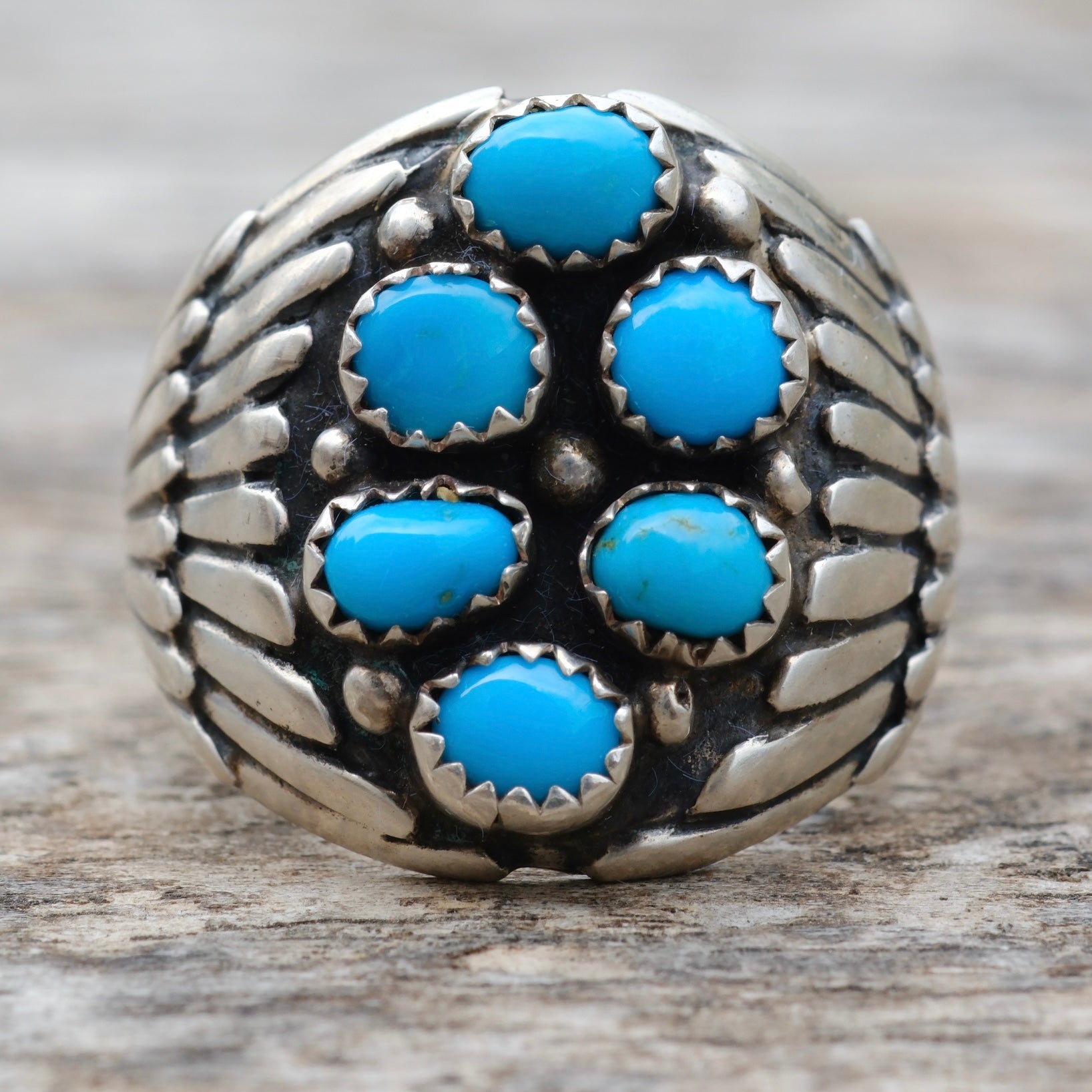 Vintage Sterling 6-Stone Turquoise Ribbed Band Ring 10.75