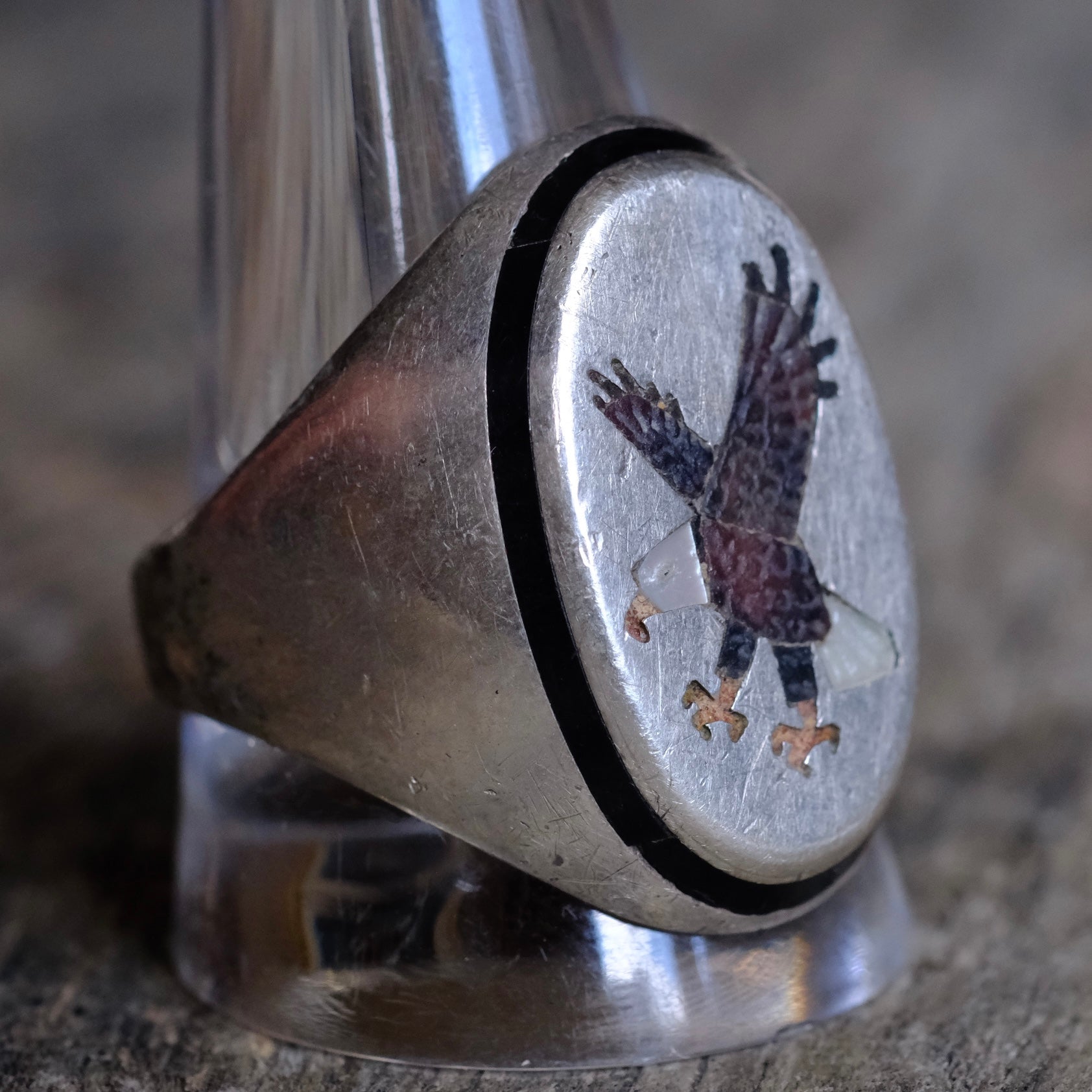 Vintage Sterling Eagle Inlay Ring 12.5