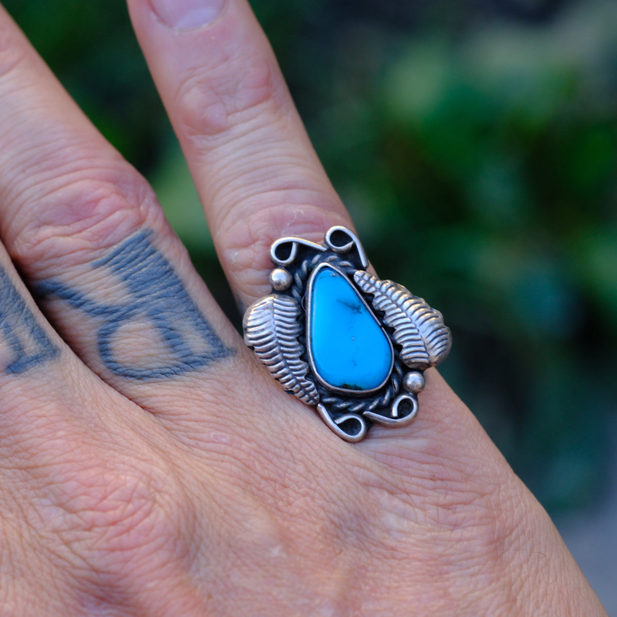 Vintage Sterling Turquoise Feather Ring 6