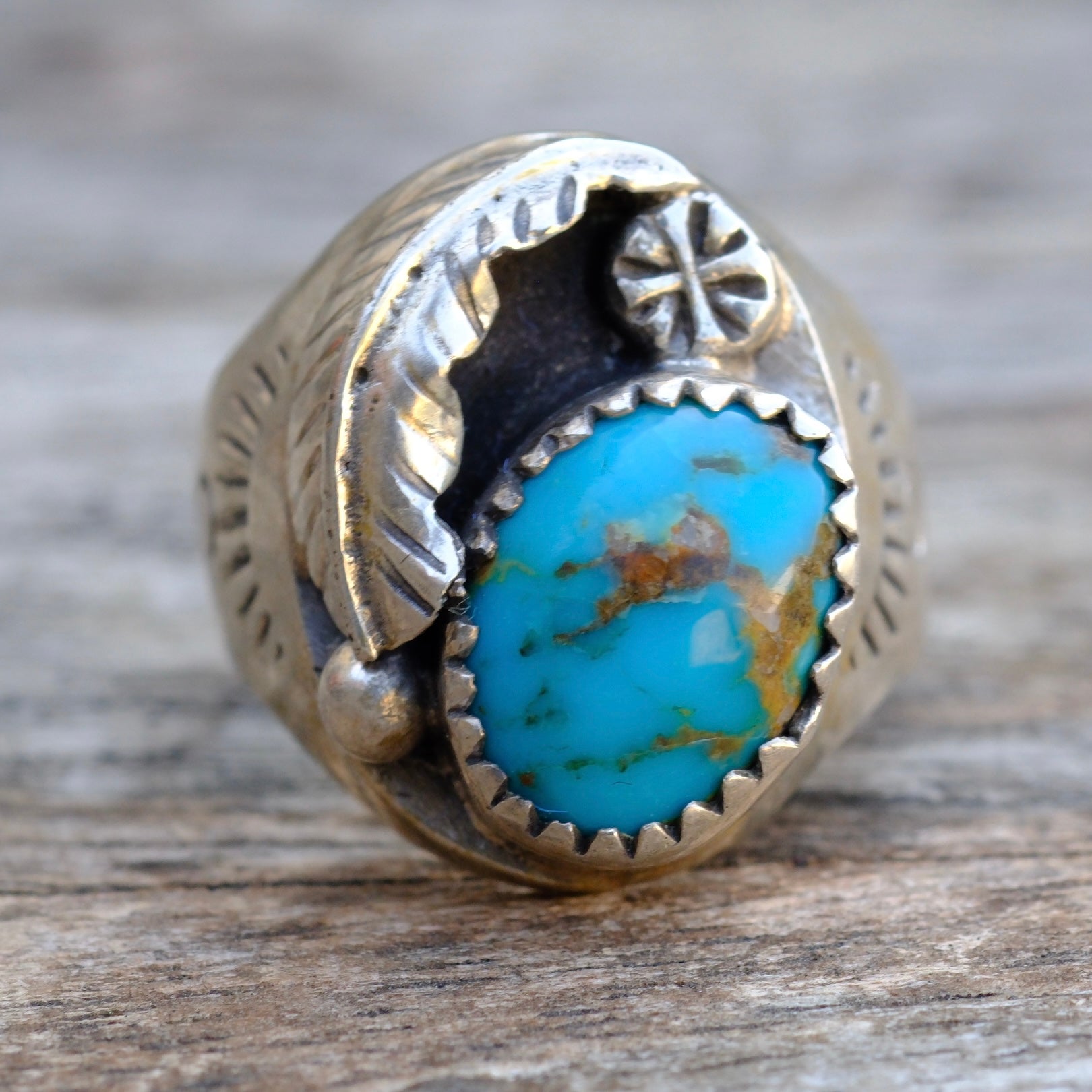 Vintage Sterling Turquoise Feather Ring 8