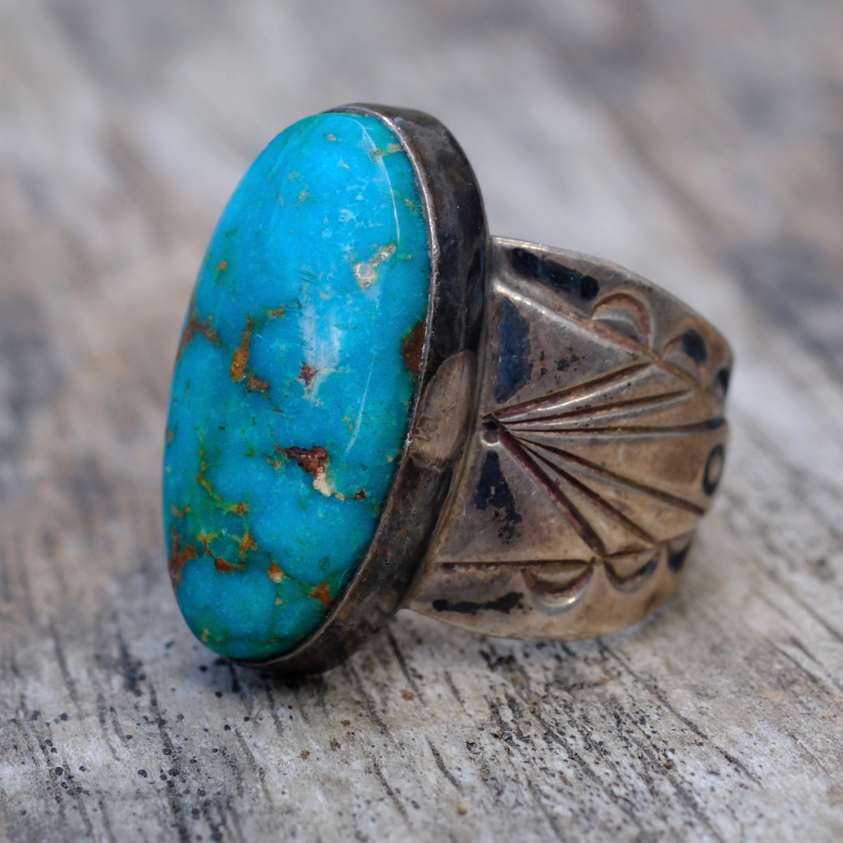 Vintage Sterling Turquoise Stamped Band Ring 5