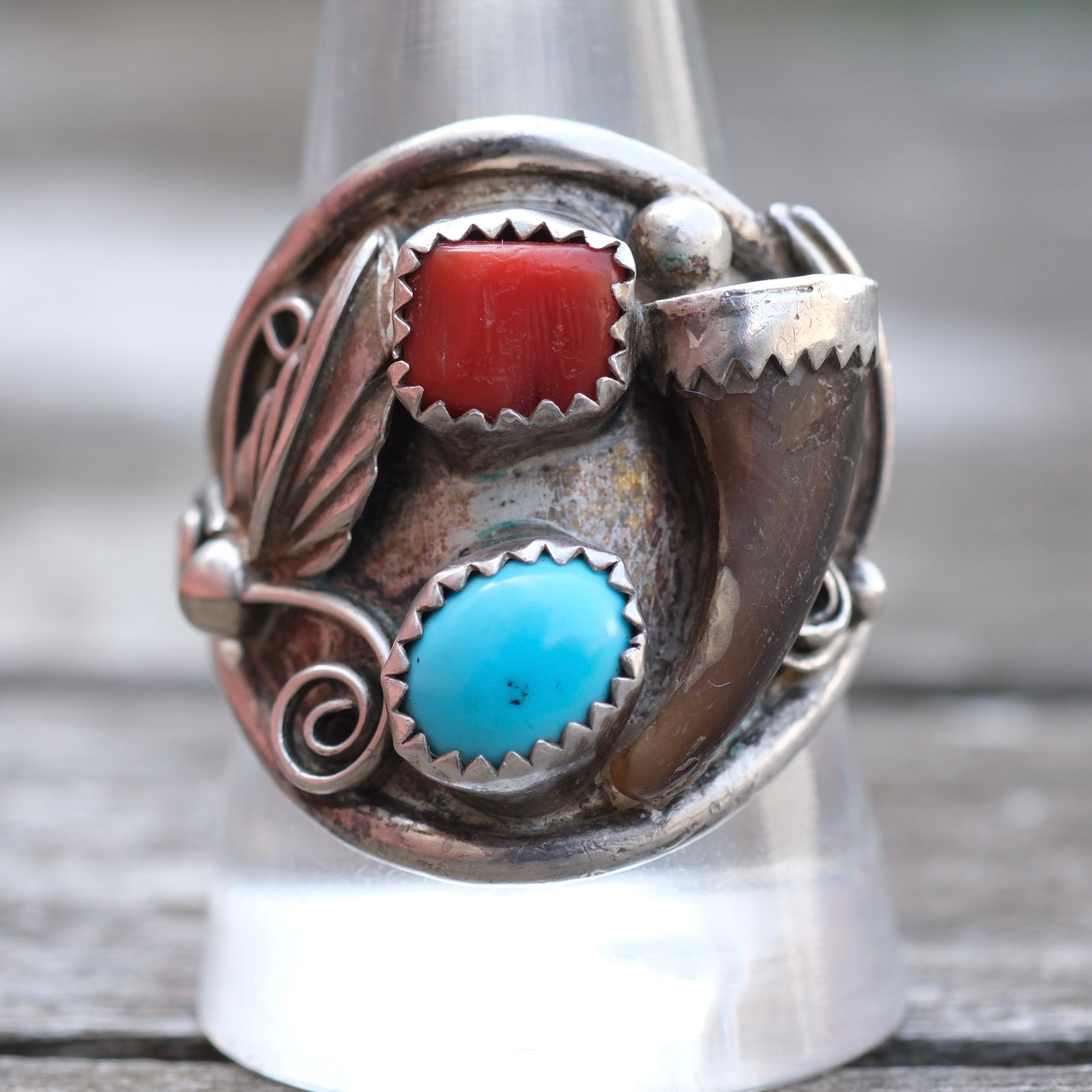 Vintage Sterling Turquoise and Coral Claw Ring 11