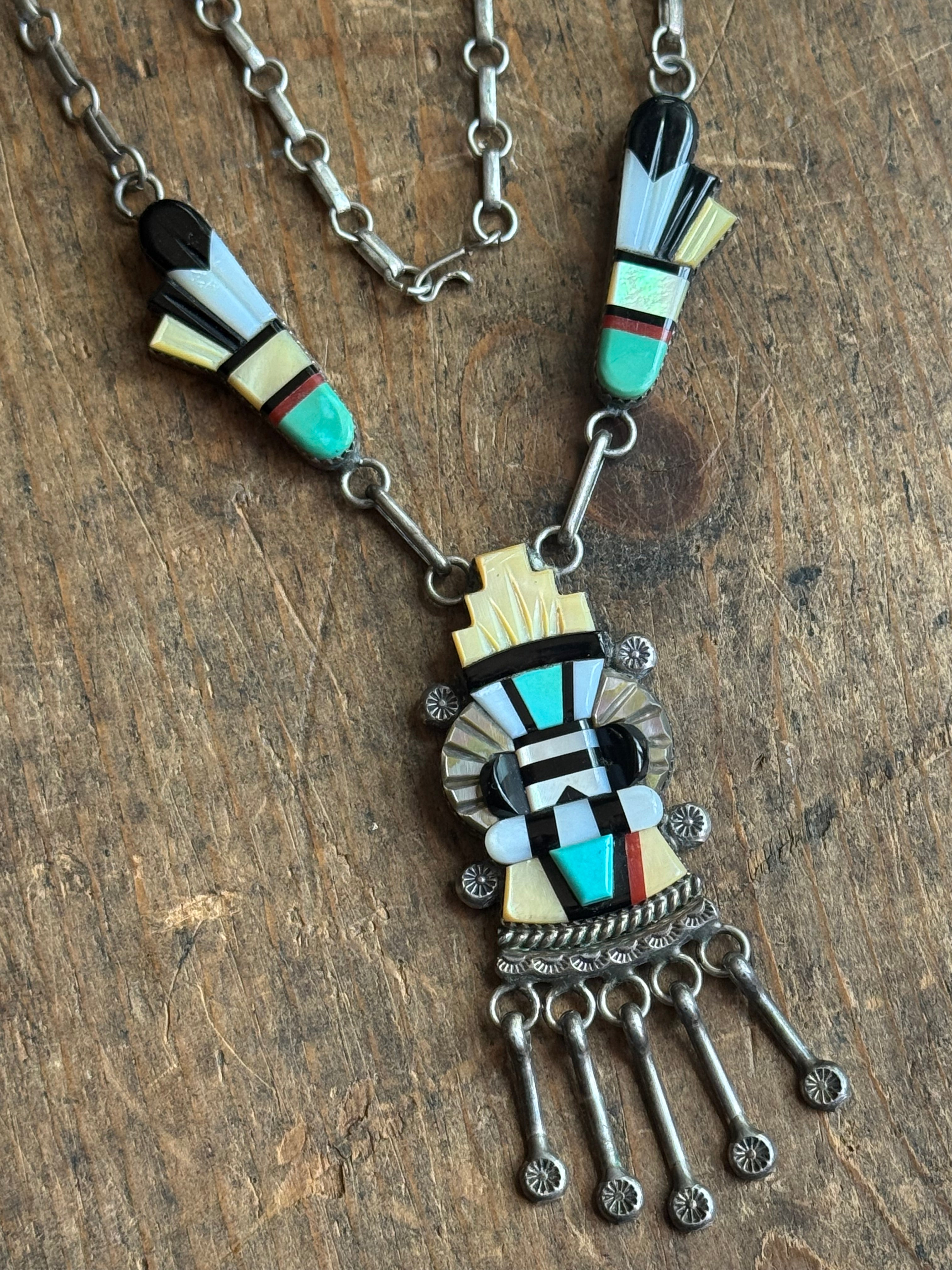 Vintage Sterling Silver Multistone Inlay DEWA Zuni Necklace