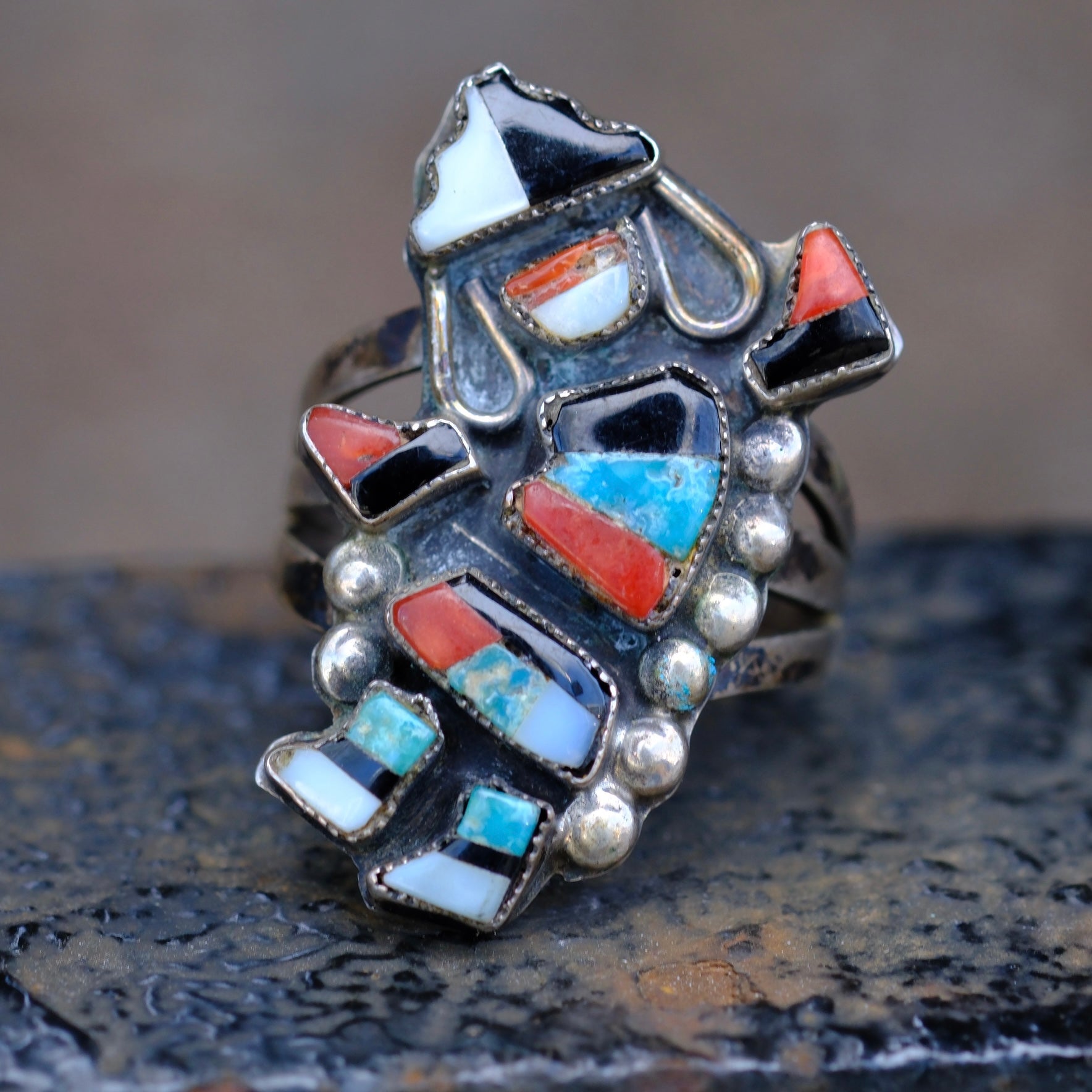 Vintage Sterling Multistone Inlay Kachina Dancer Ring 6.25