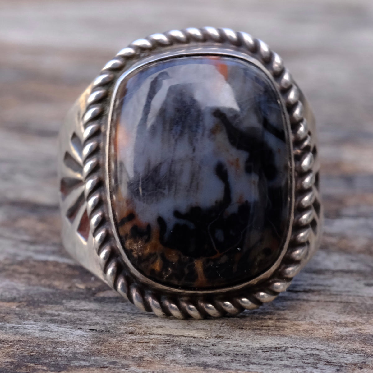 Vintage Sterling Petrified Wood Stamped Band Ring 9