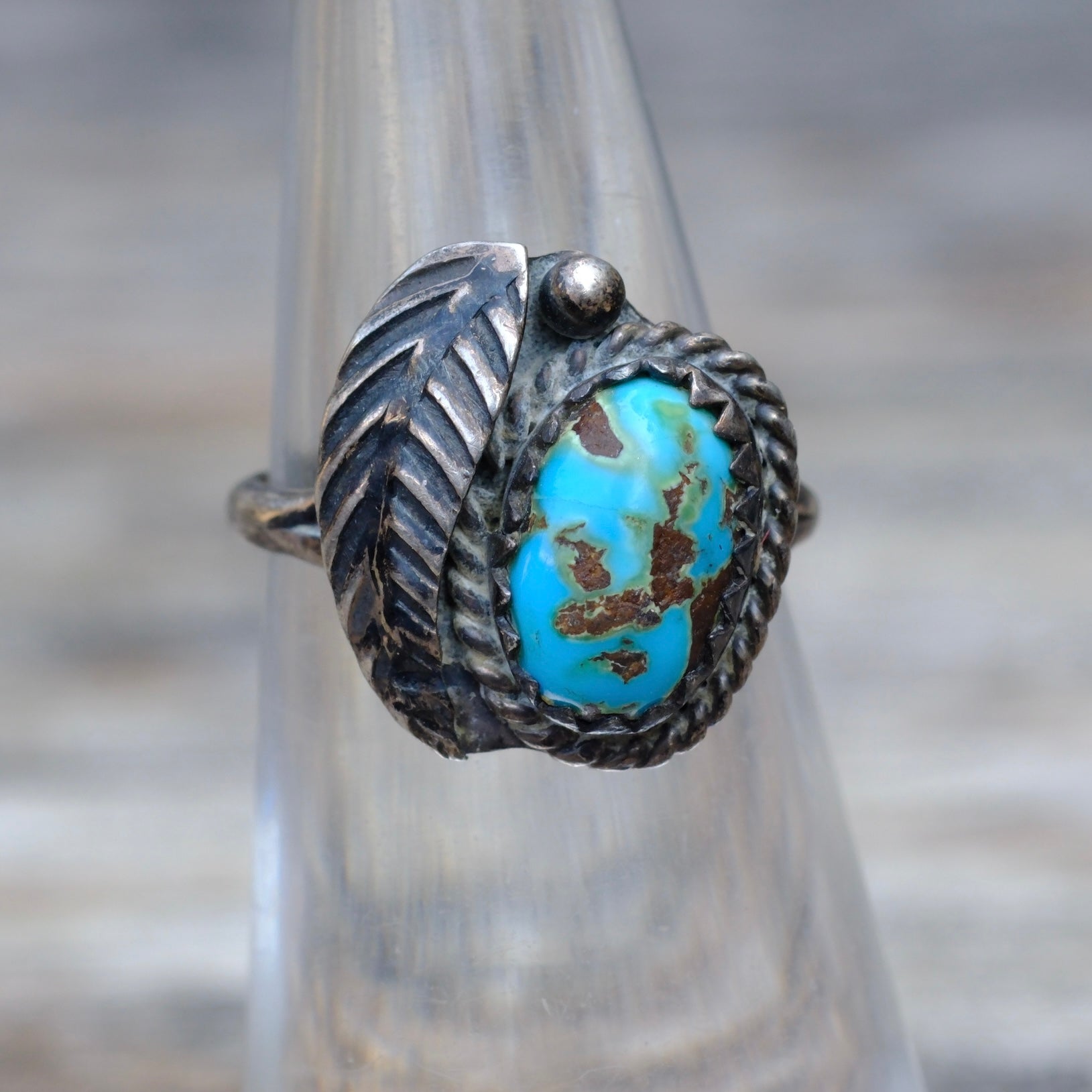 Vintage Sterling Turquoise Feather Ring 4.75