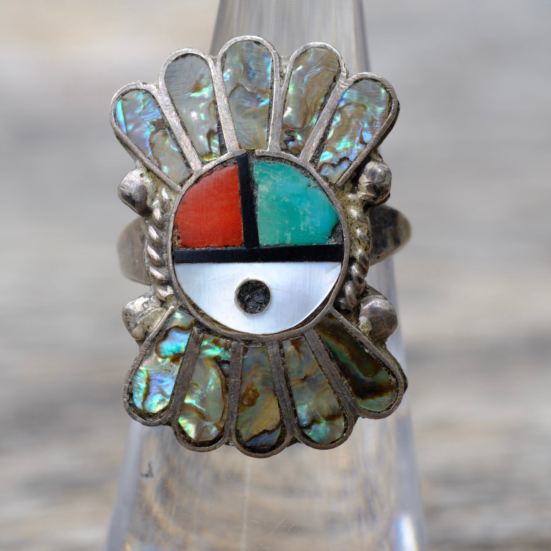 Vintage Sterling Multistone Inlay Zuni Surface Ring 4.75