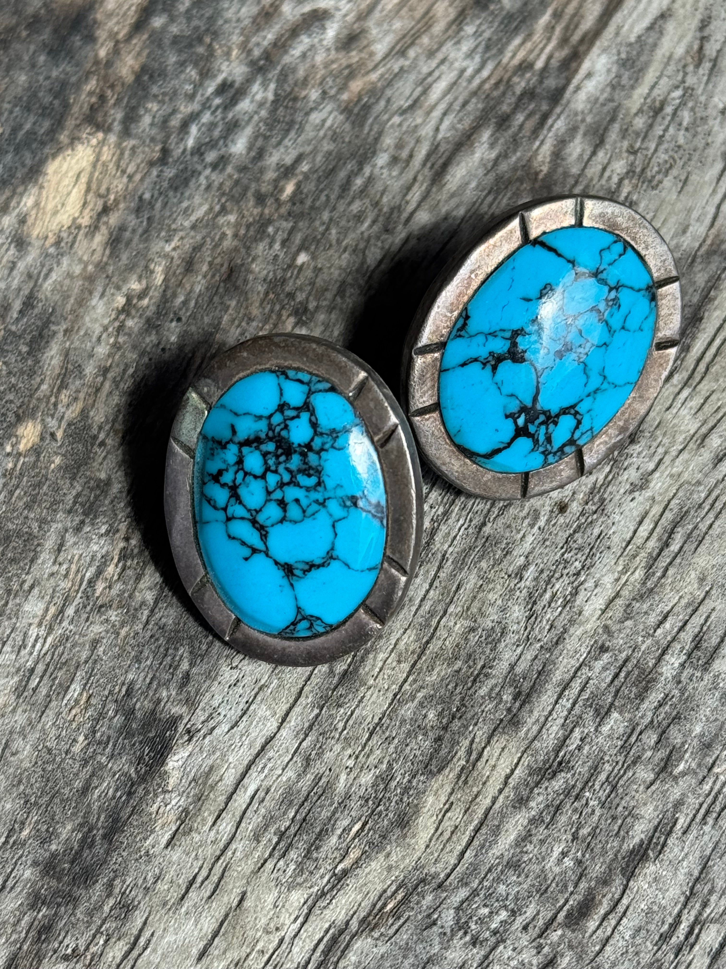 Vintage Sterling Silver Plated Block Turquoise Framed Earrings