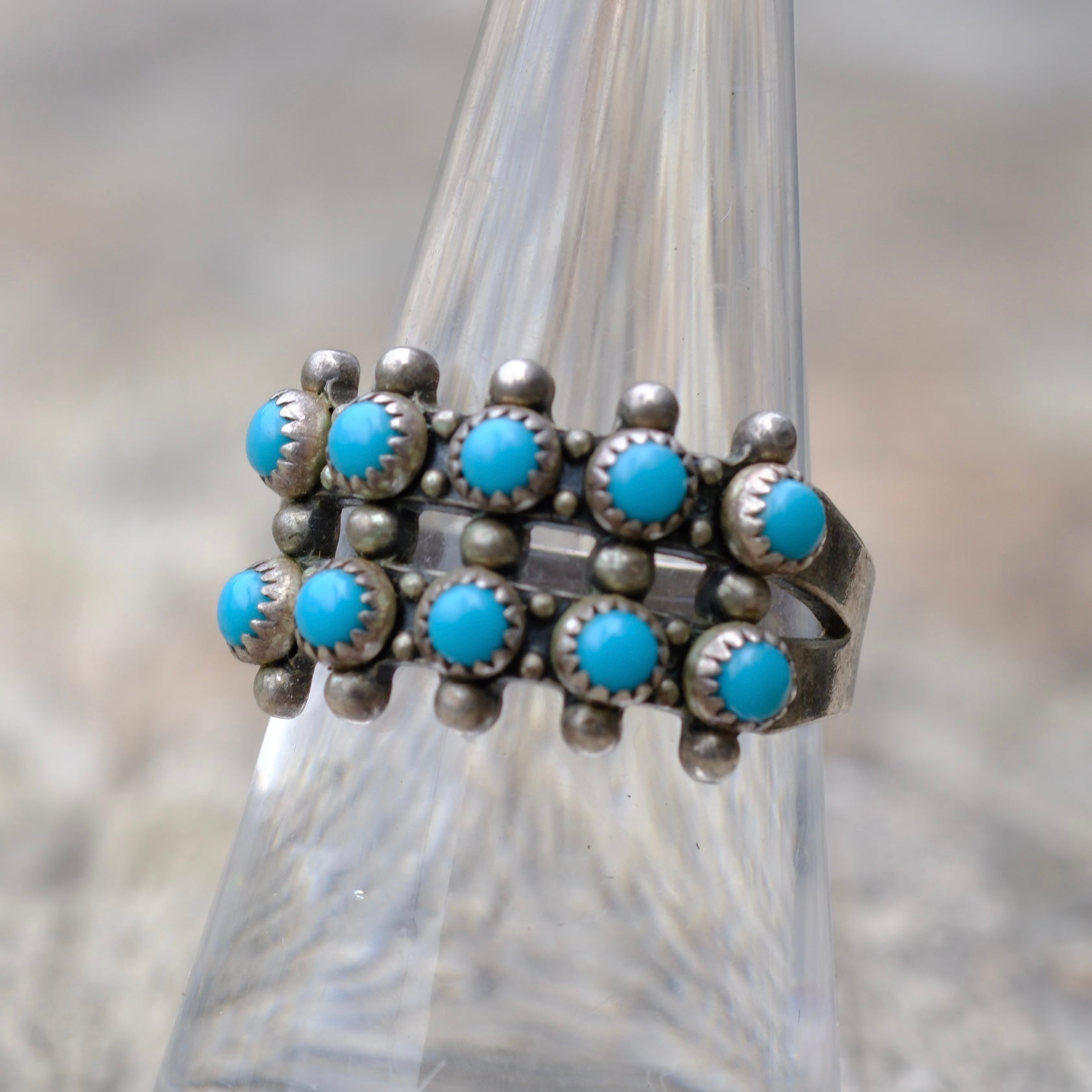 Vintage Sterling Snake Eye Turquoise Double Row Ring 7.75