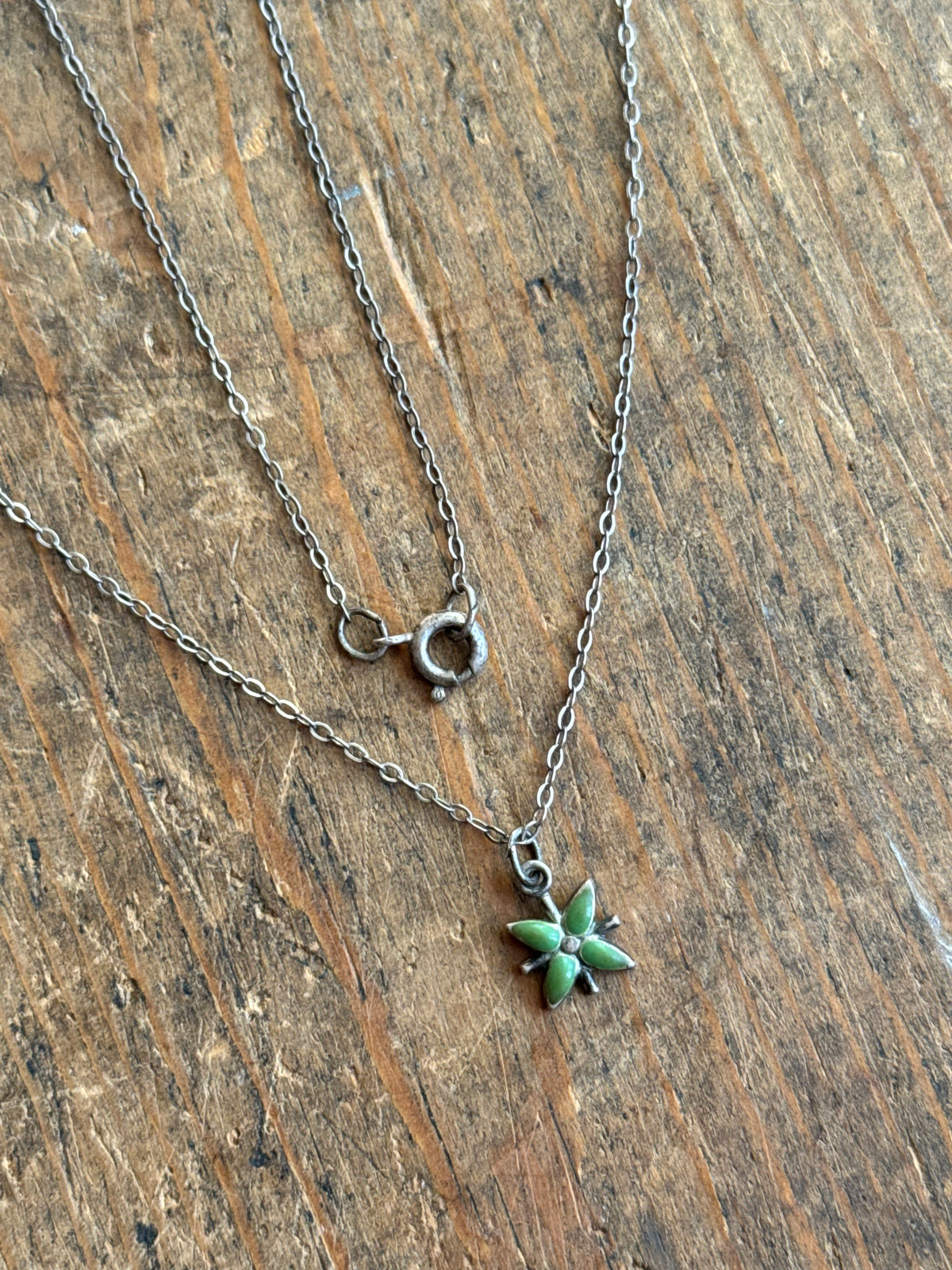 Vintage Sterling Silver Green Enamel Flower Necklace
