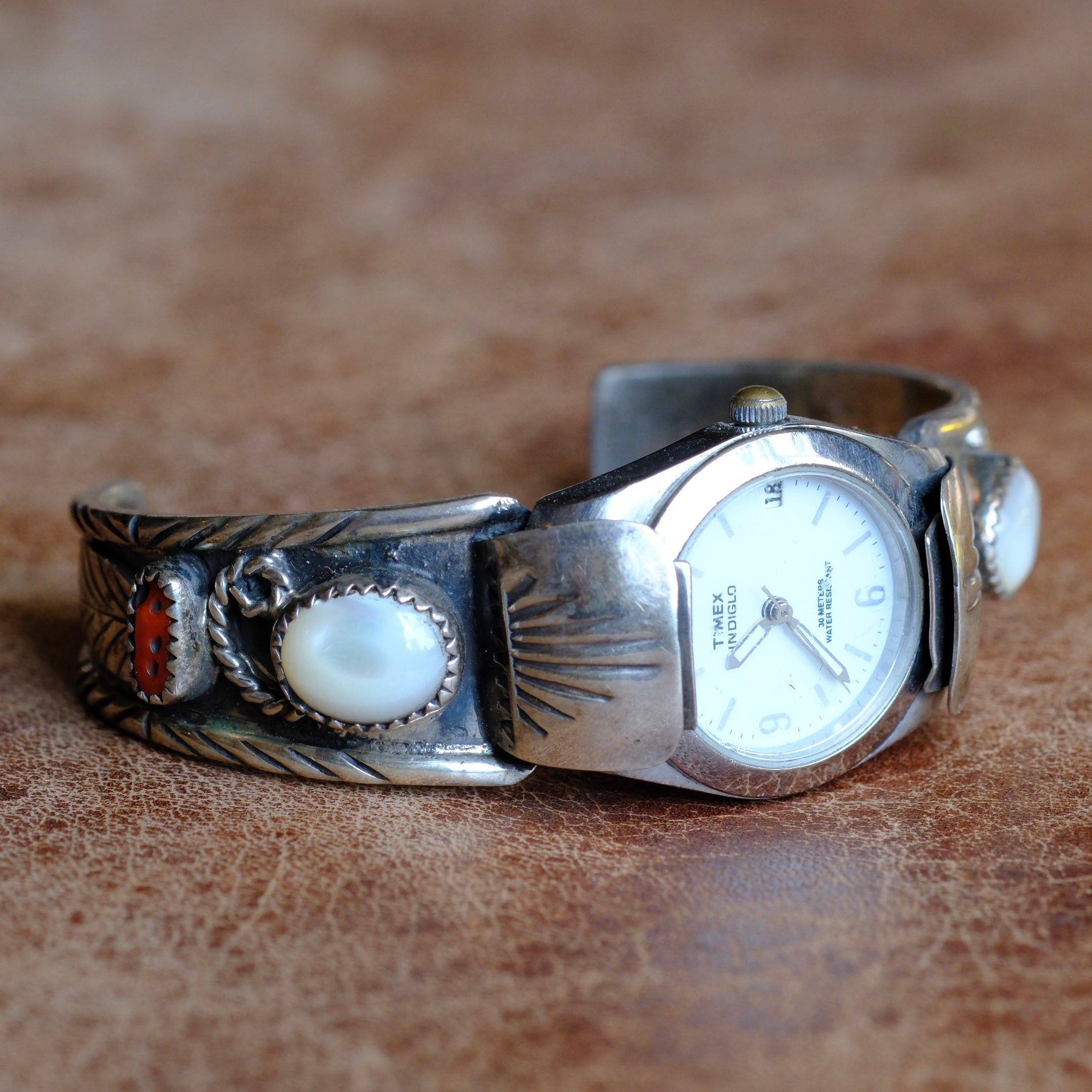 Vintage Sterling Mother Of Pearl and Coral Watch Cuff Bracelet