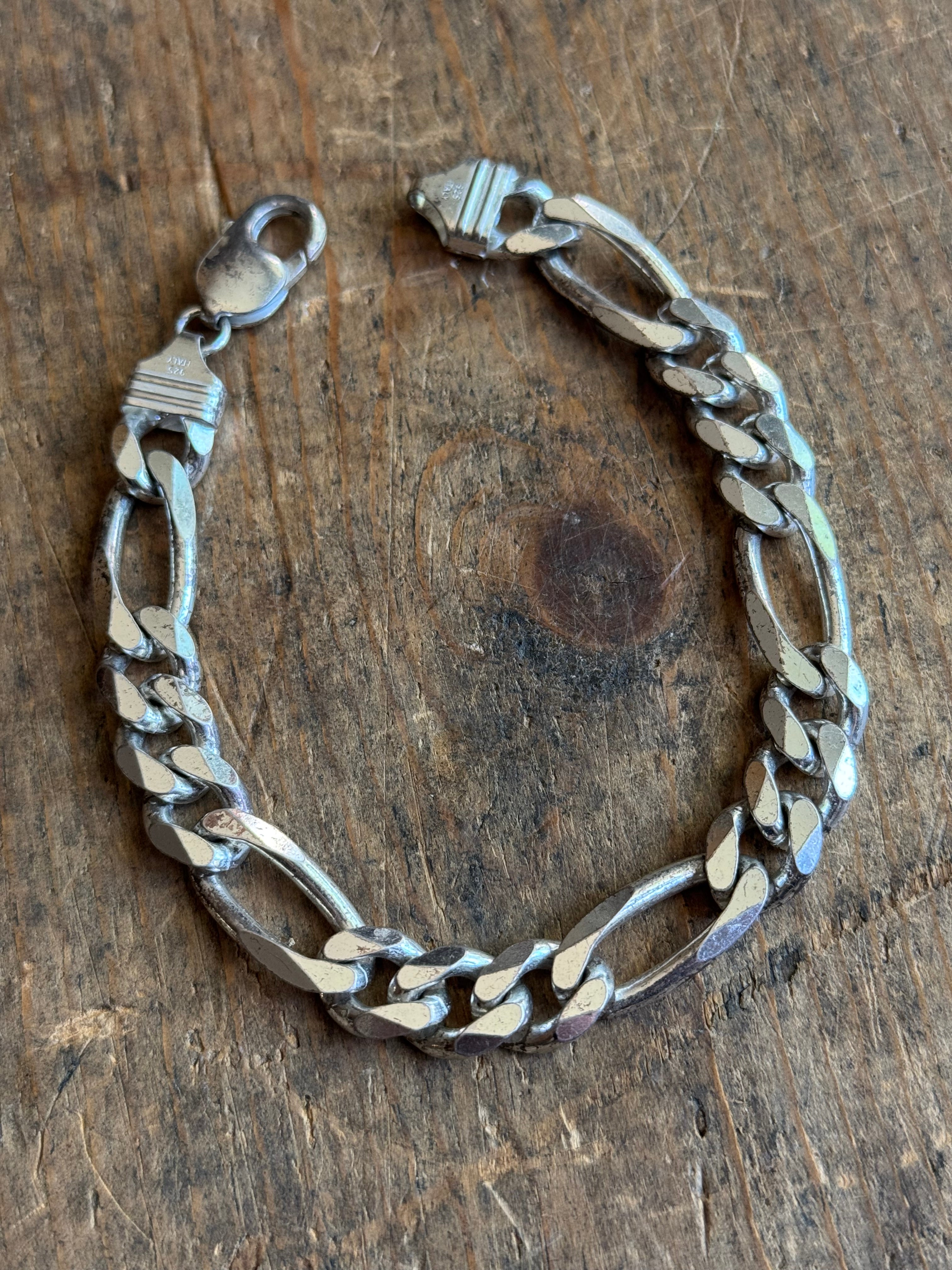 Vintage Sterling Silver Chunky Figaro Chain Bracelet 9"