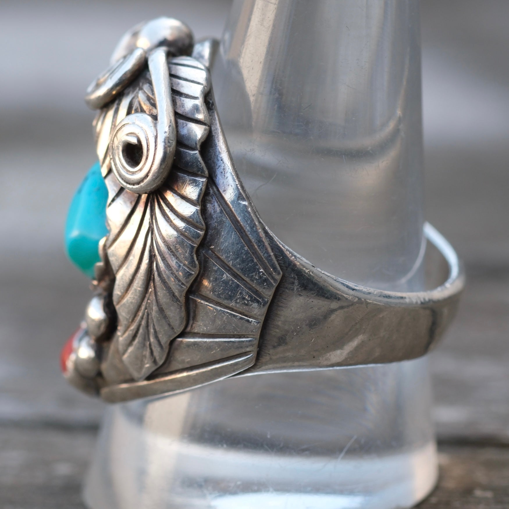 Vintage Sterling Turquoise and Coral Claw Ring 10.5