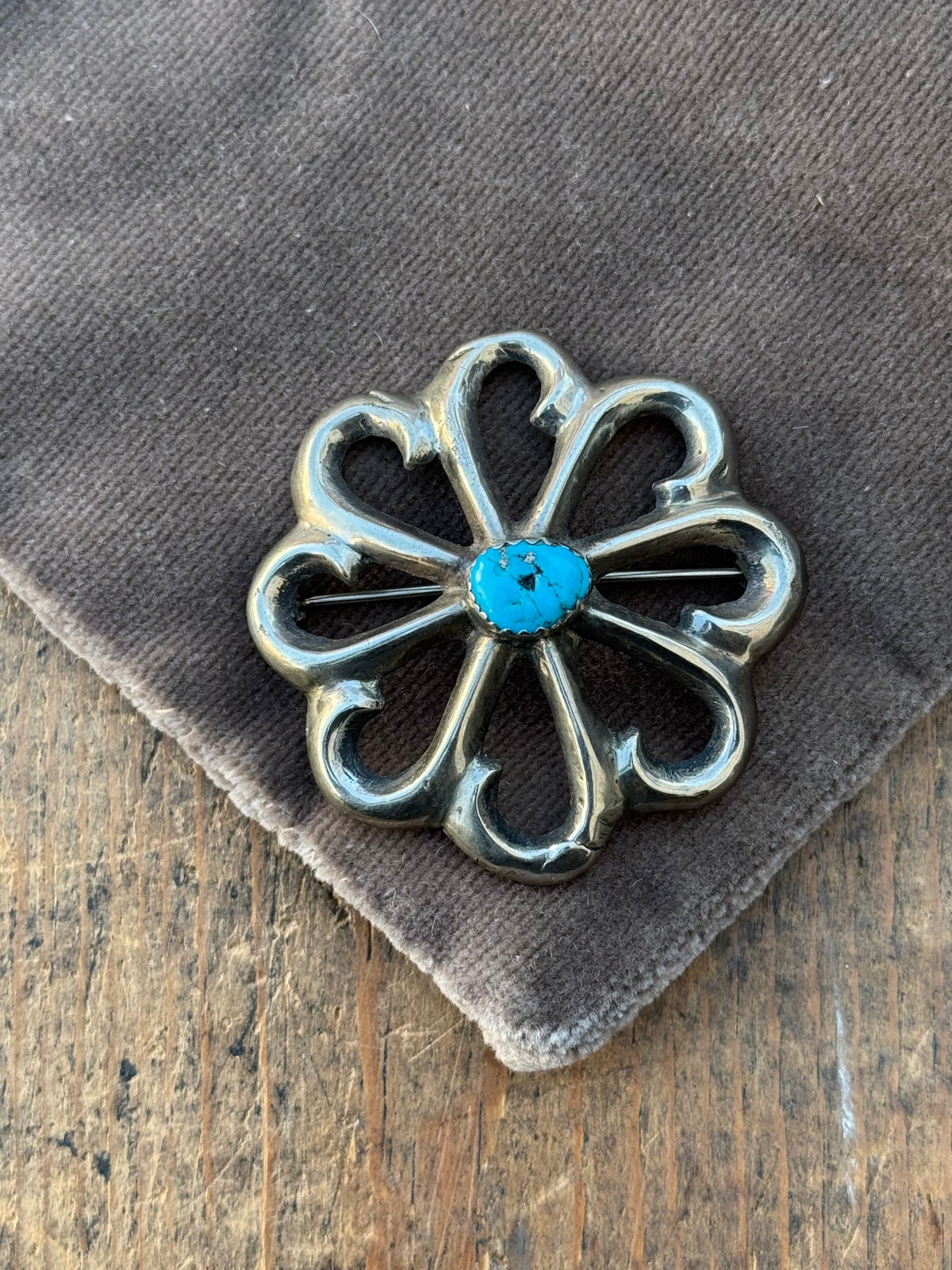 Vintage Sterling Silver Turquoise Sandcast Florette Pin