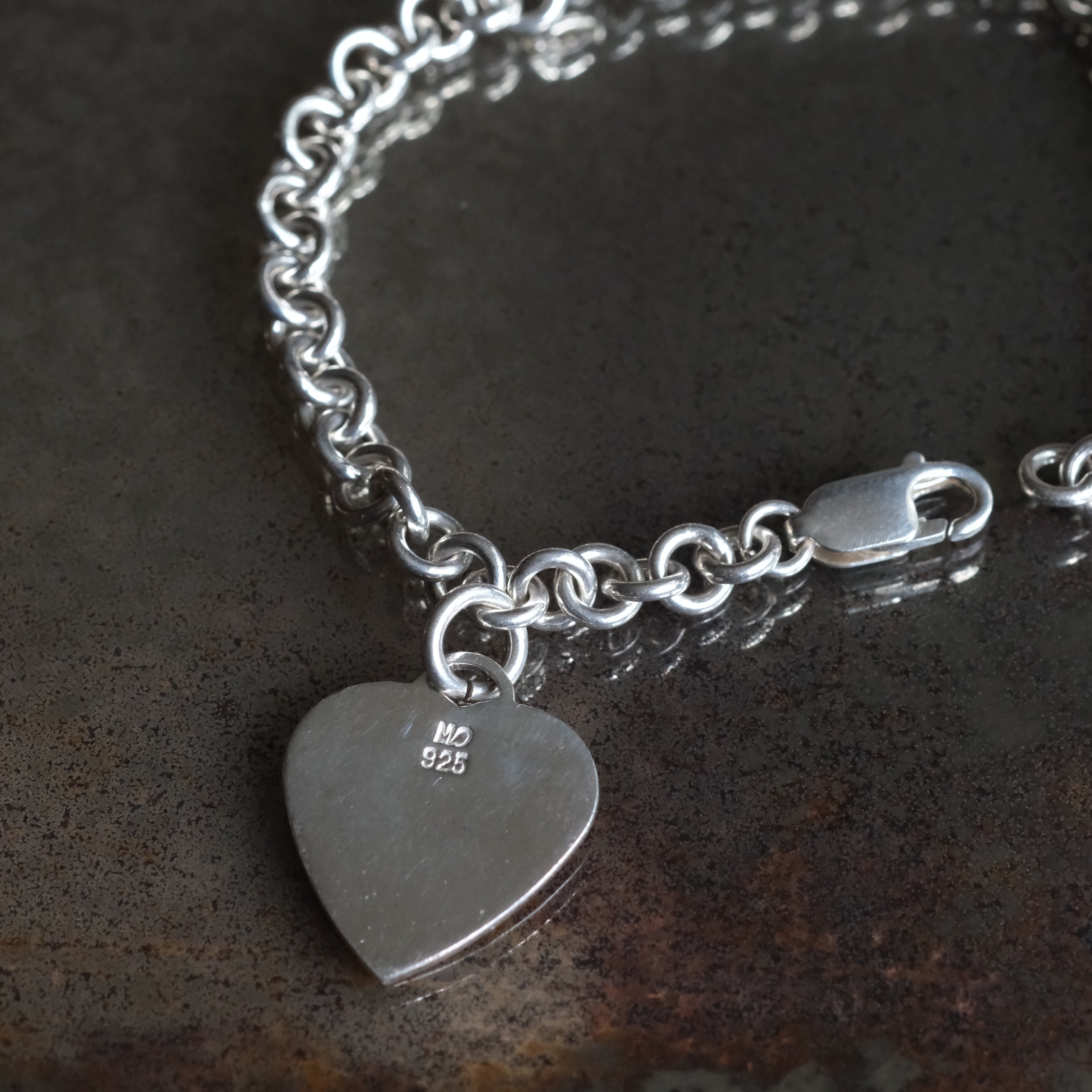 Vintage Sterling Rolo Link Heart ID Bracelet 7.5"