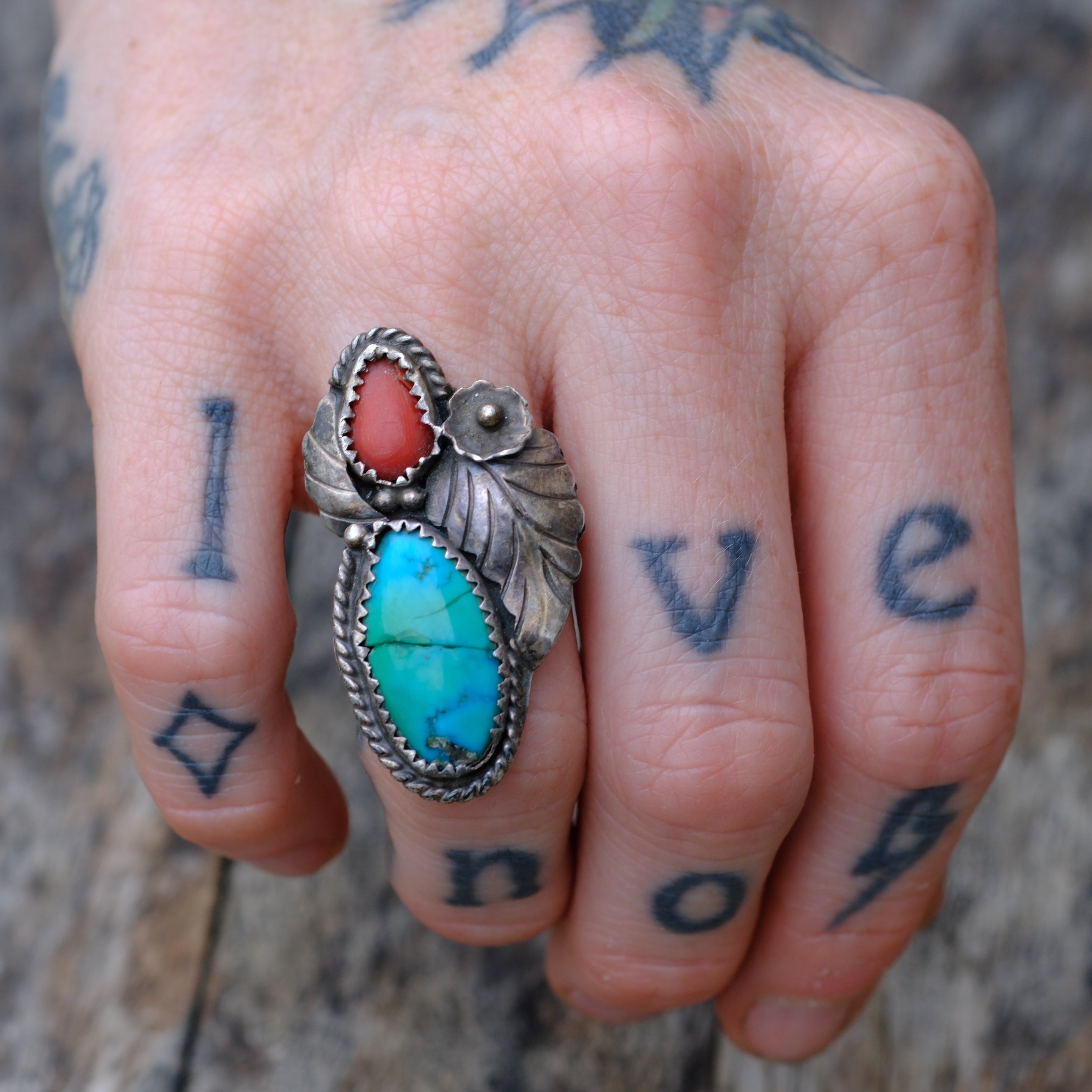 Vintage Sterling Turquoise and Coral Feather Ring 6