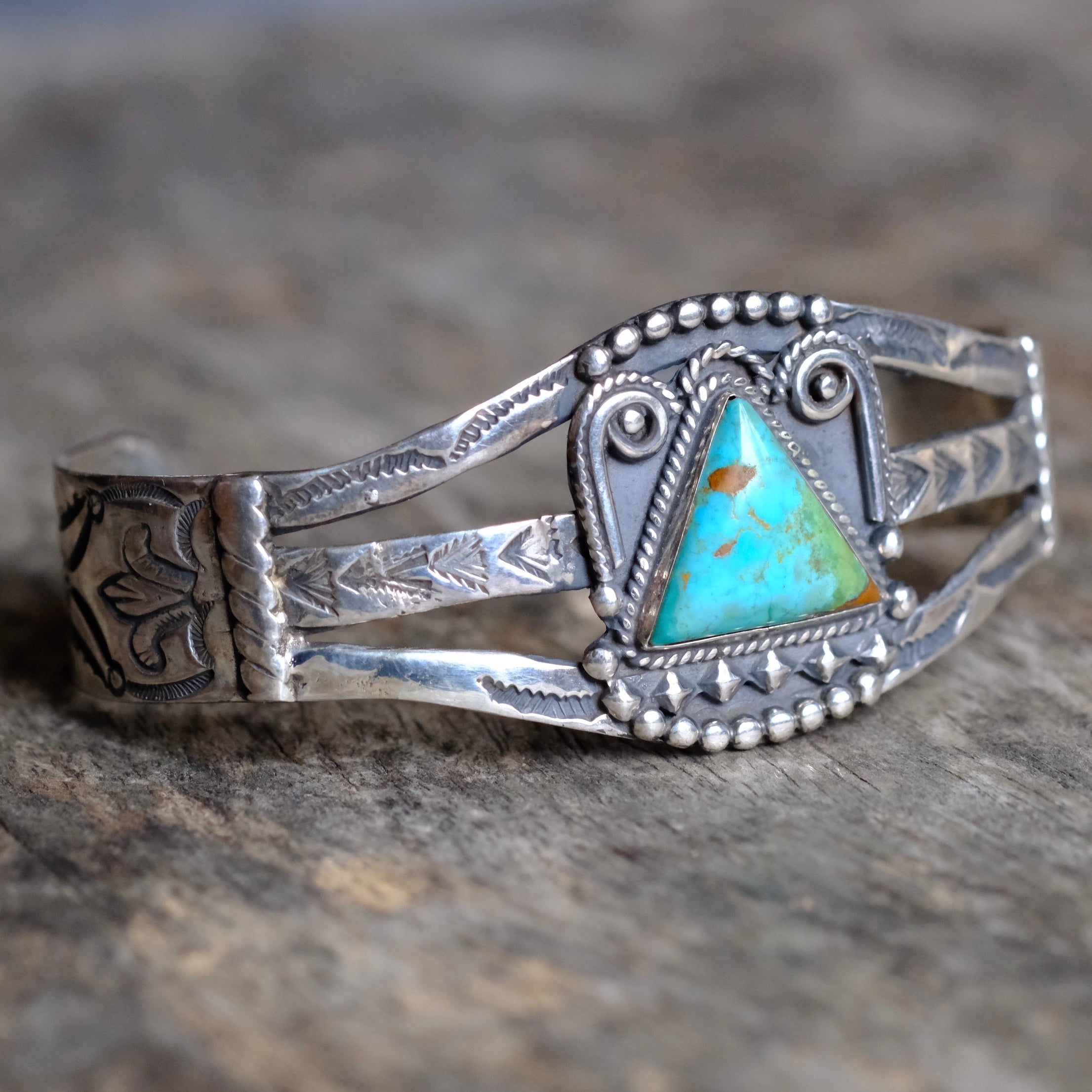 Vintage Fred Harvey Era Sterling Turquoise Stamped Cuff Bracelet