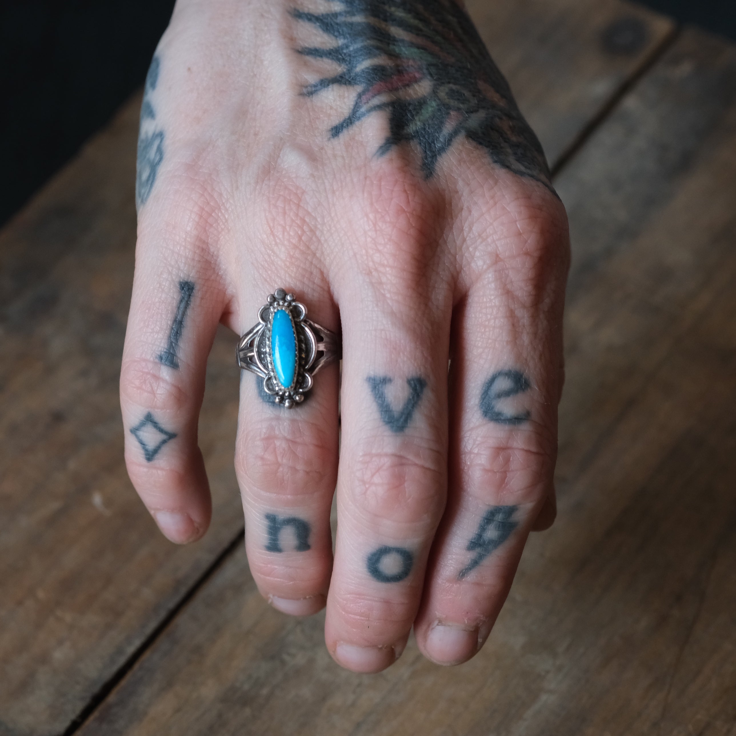Vintage Sterling Turquoise Florette Ring 7