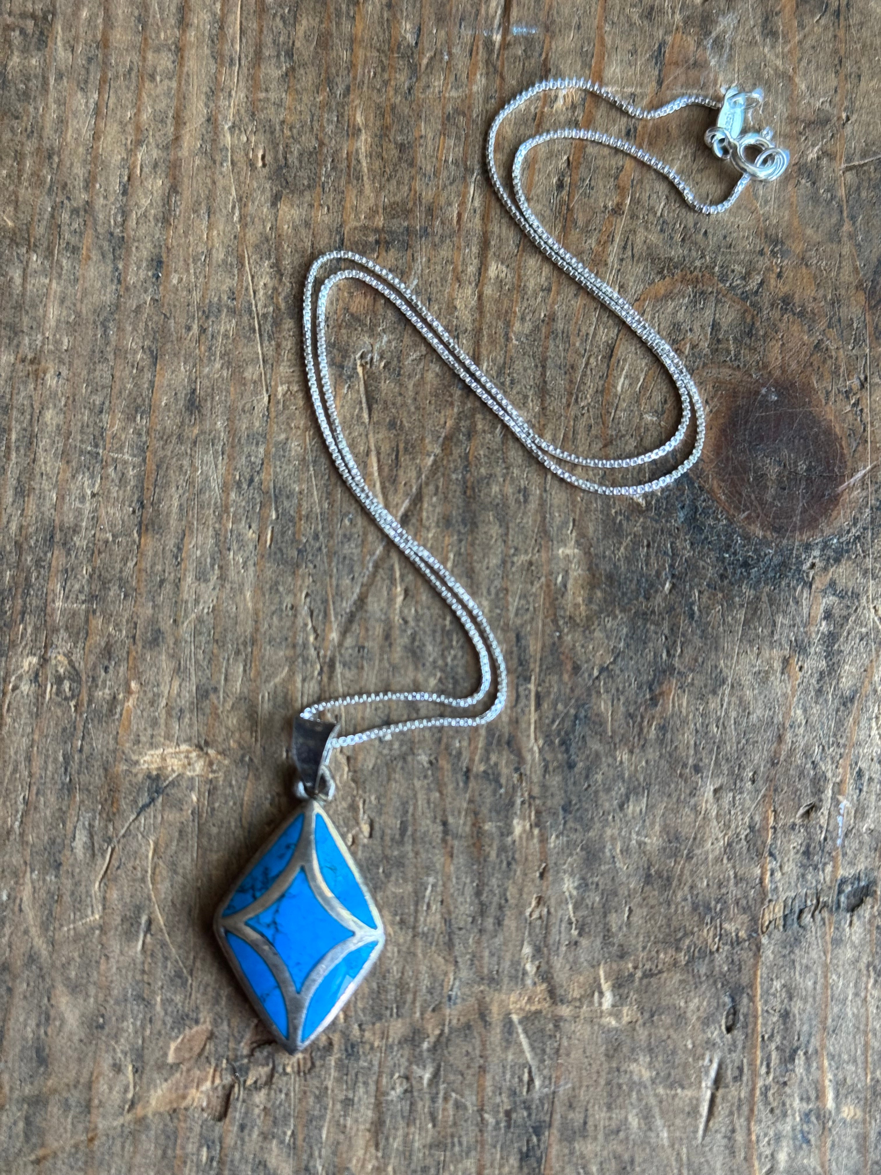 Vintage Sterling Silver Turquoise Inlay Diamond Necklace