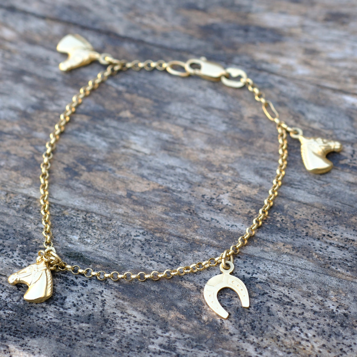 Vintage 14K Gold Horse and Horseshoe Charm Bracelet
