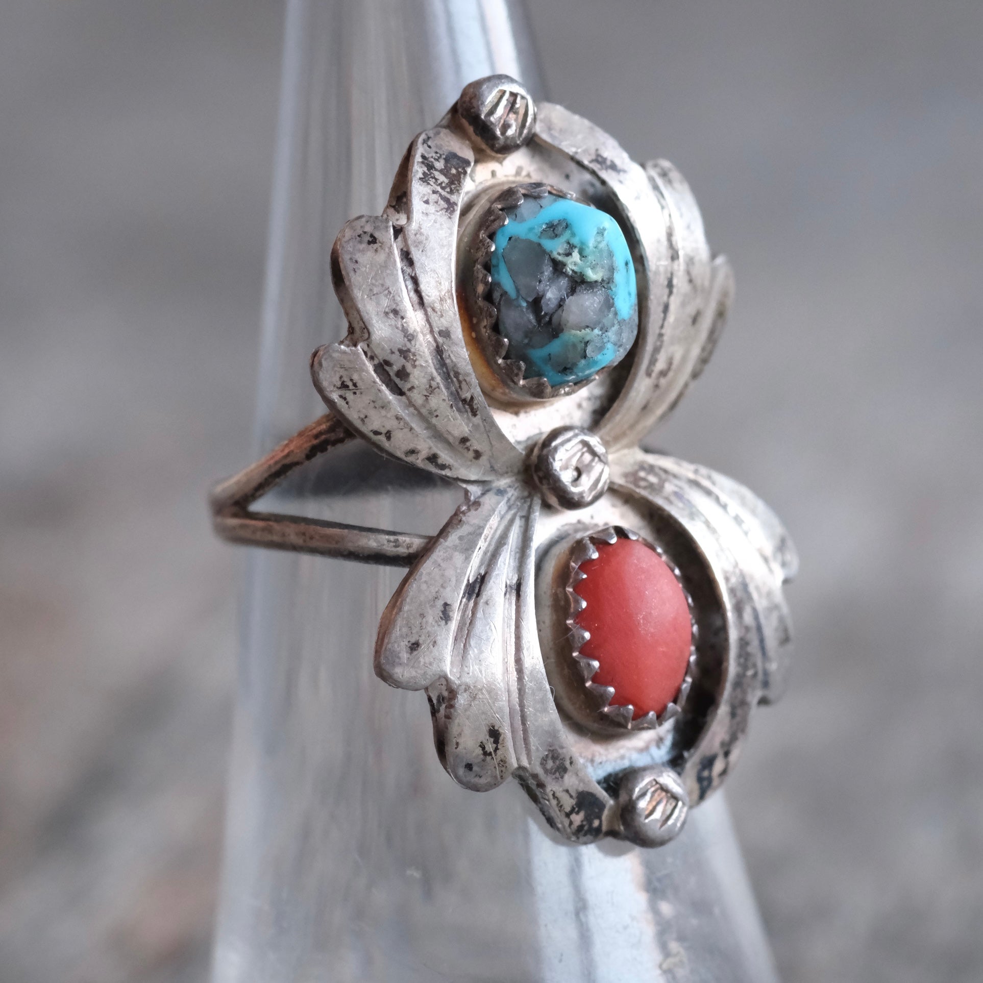 Vintage Sterling Turquoise and Coral Ring 6