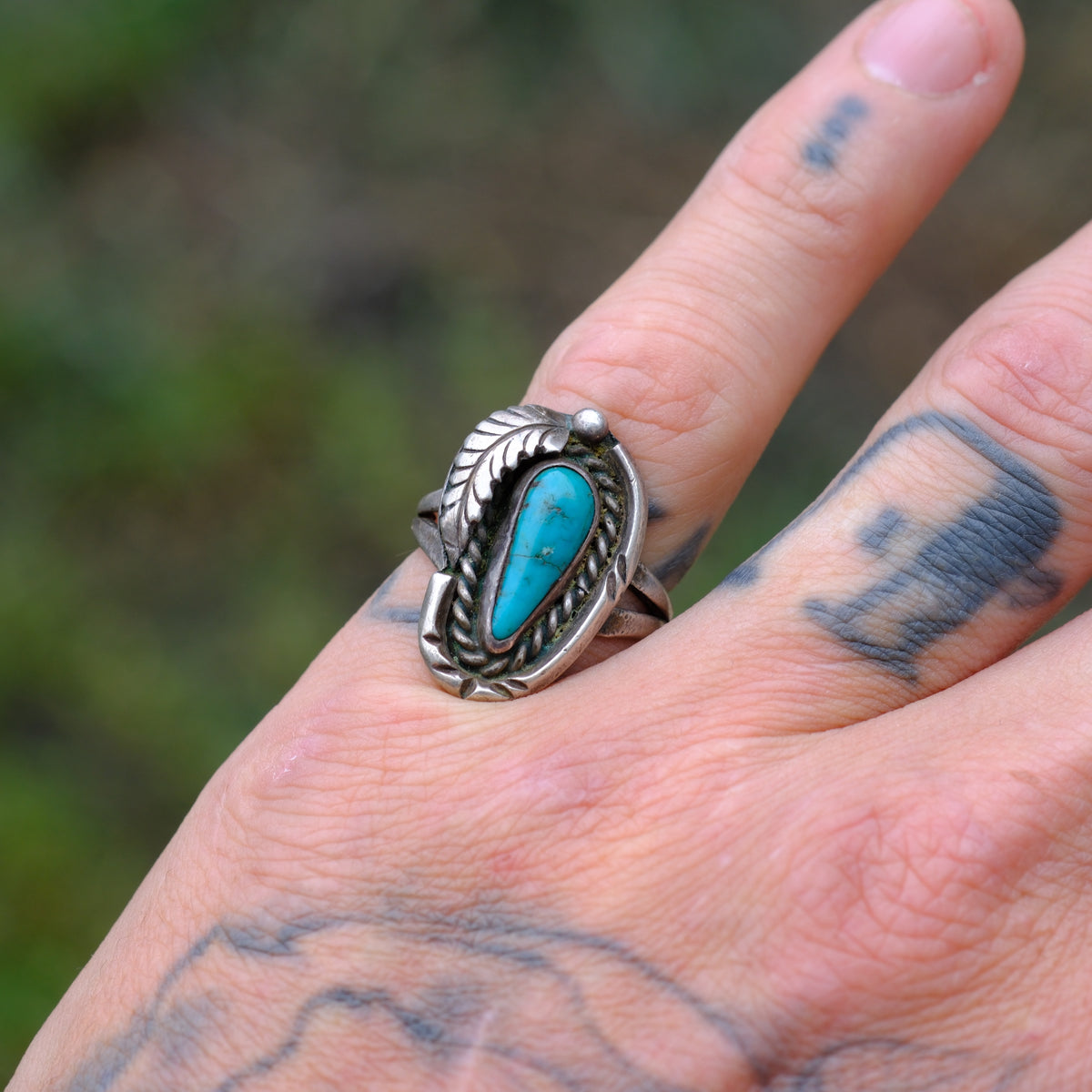 Vintage Sterling Turquoise Feather Ring 5.5