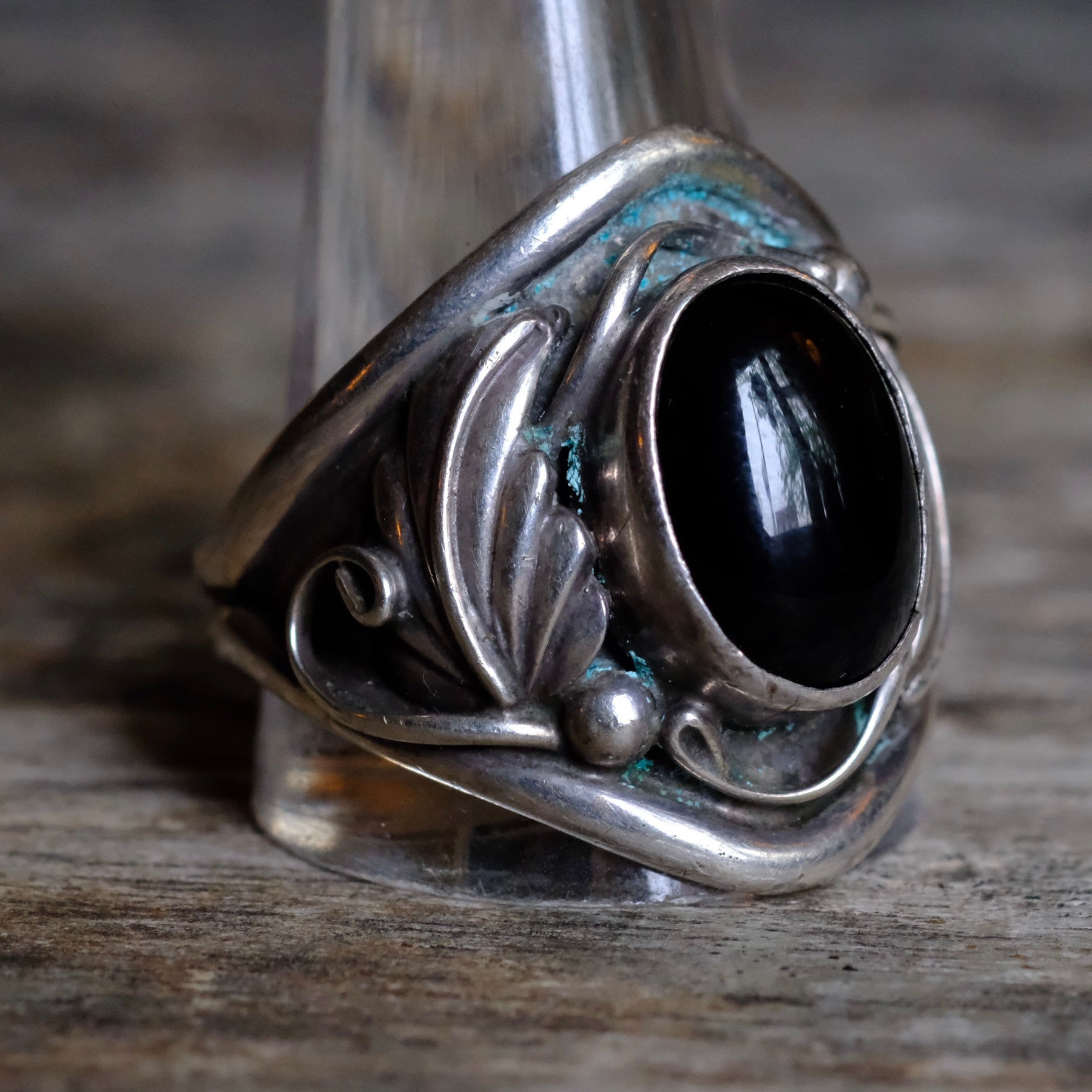 Vintage Sterling Onyx Feather Ring 14.5