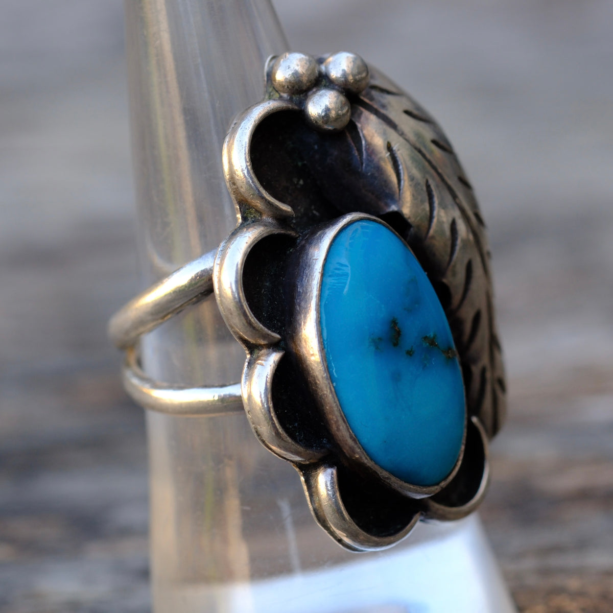 Vintage Sterling Turquoise Feather Florette Ring 7.75