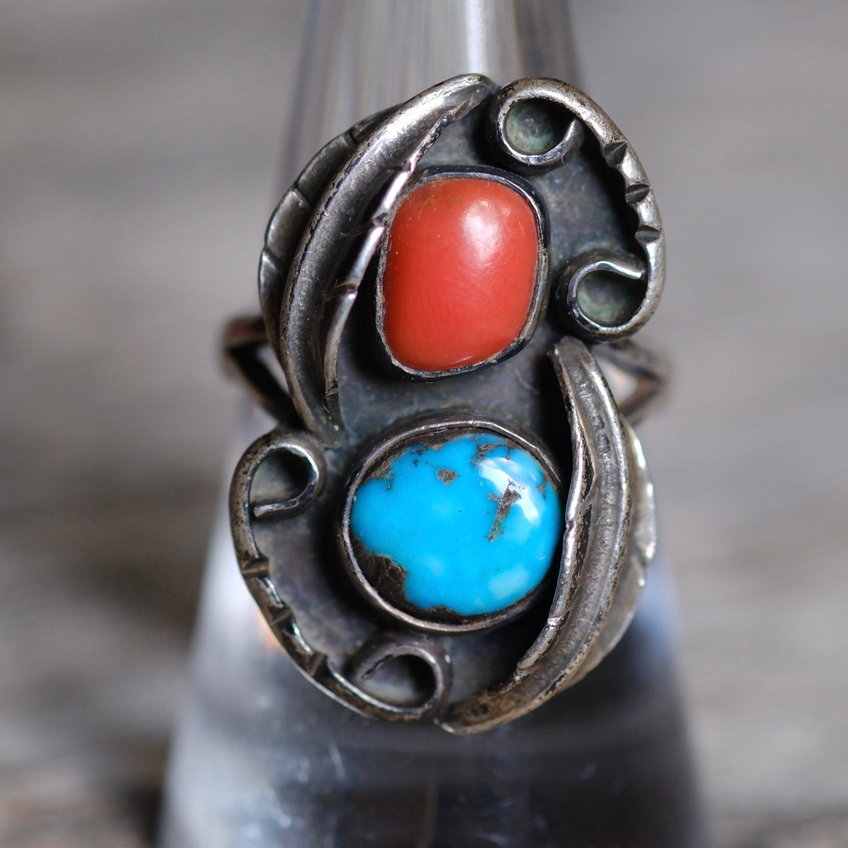 Vintage Sterling Turquoise and Coral Feather Ring 7.75