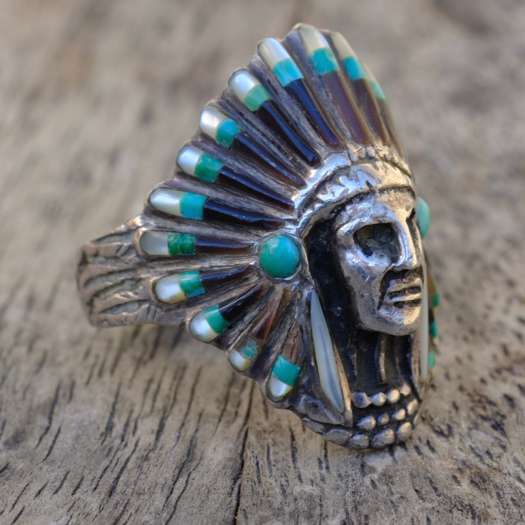 Vintage Sterling Big Chief Inlay Ring 11.25