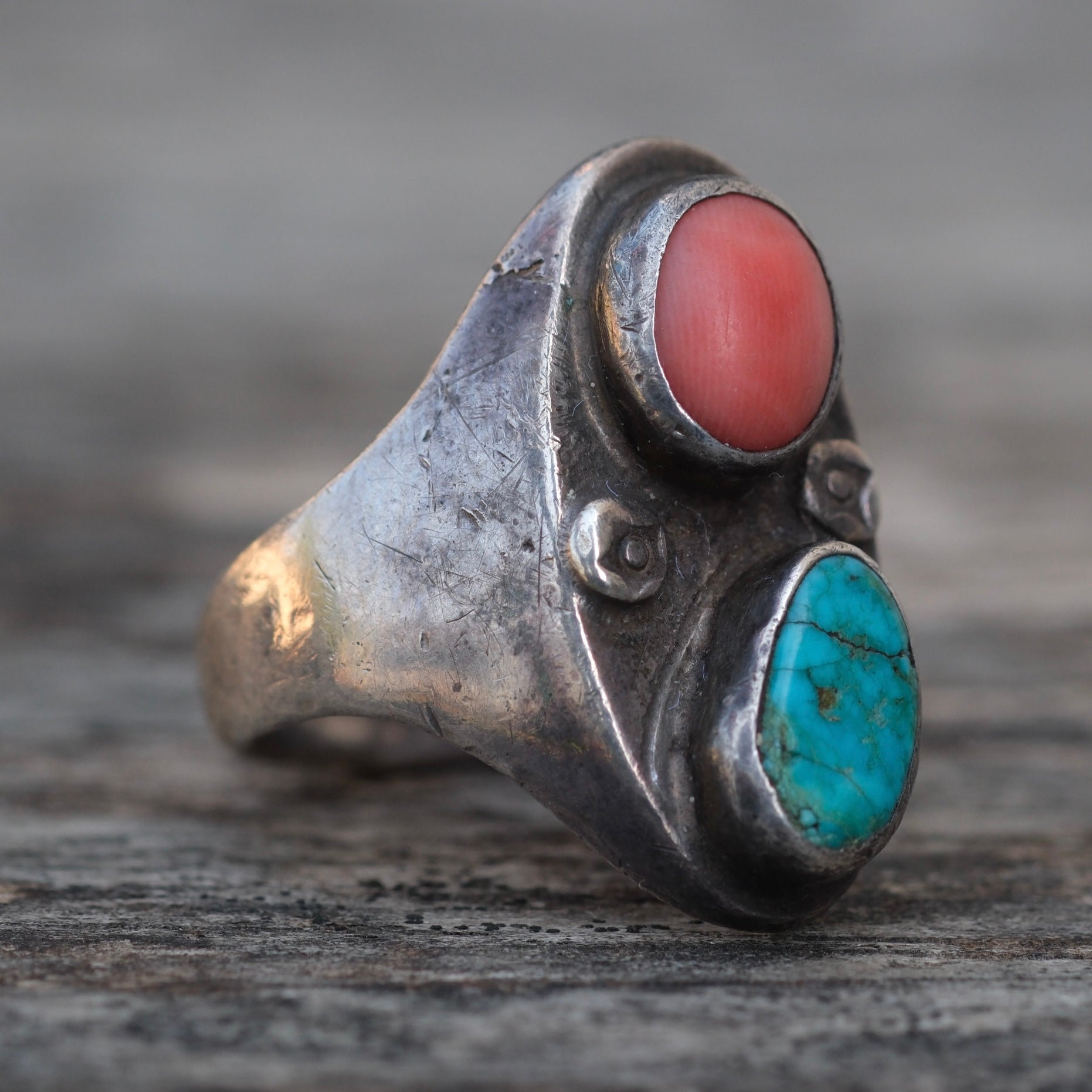 Vintage Sterling Turquoise and Coral Ring 9.5