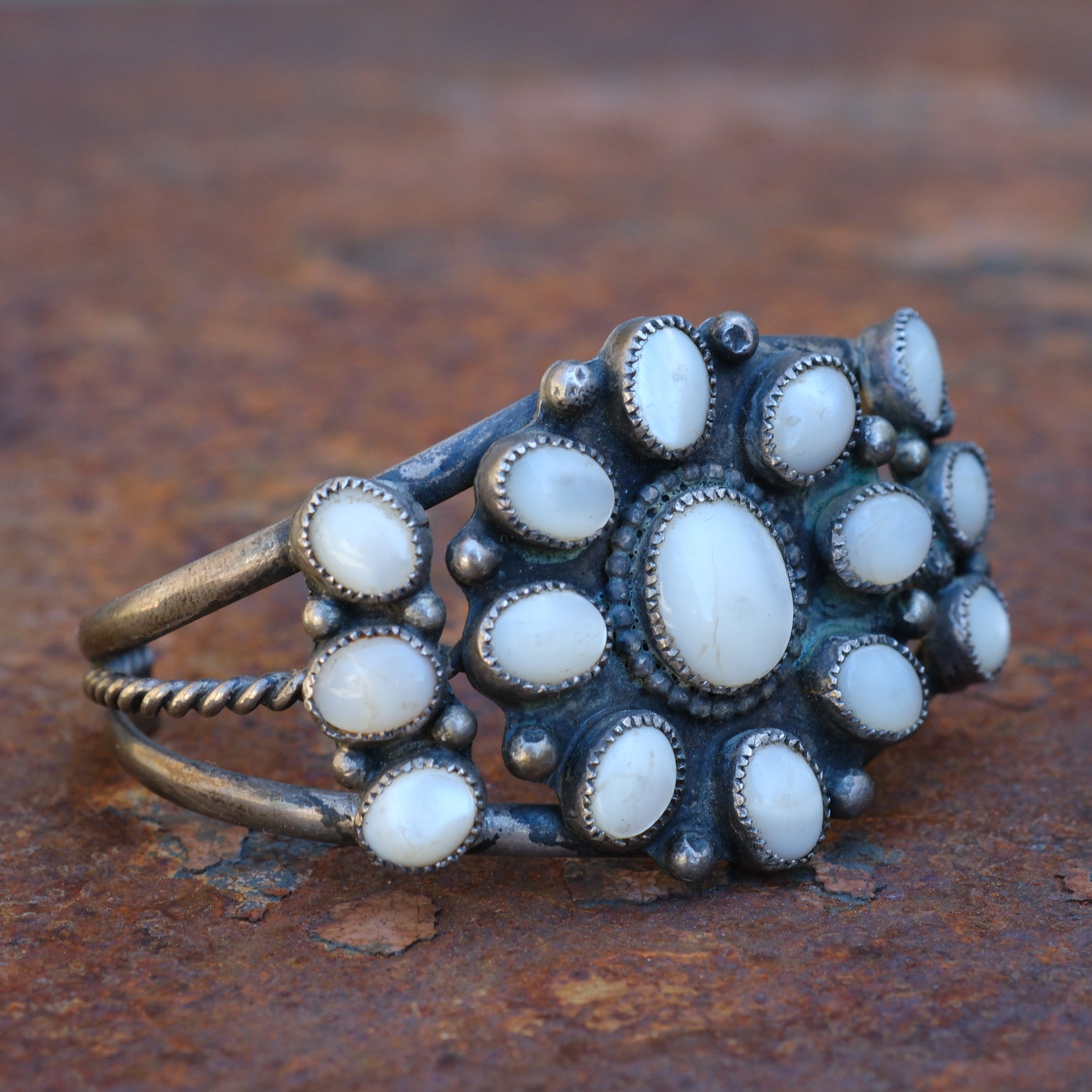 Vintage Sterling Mother Of Pearl Cluster Bracelet