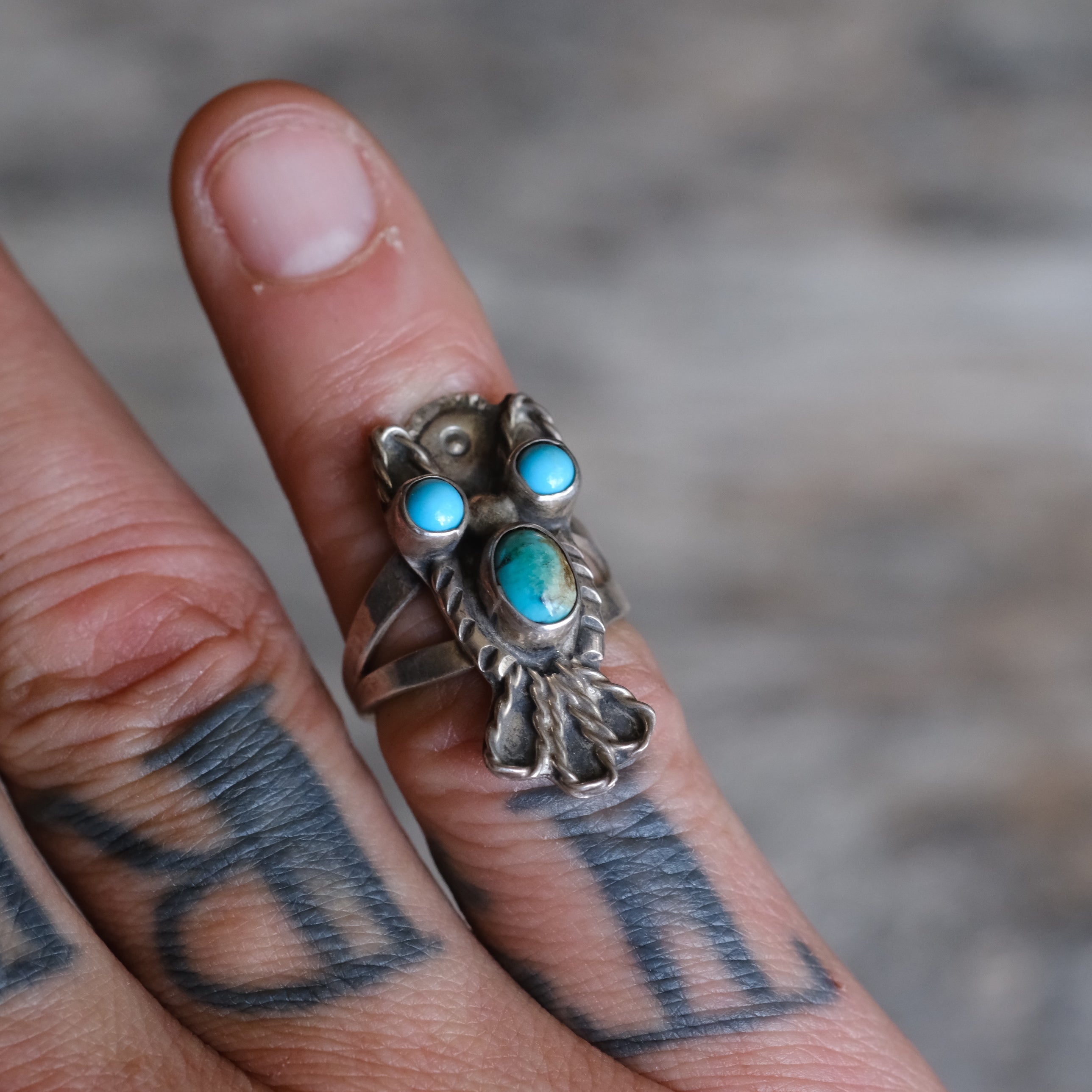 Vintage Sterling Turquoise Owl Ring 5.25