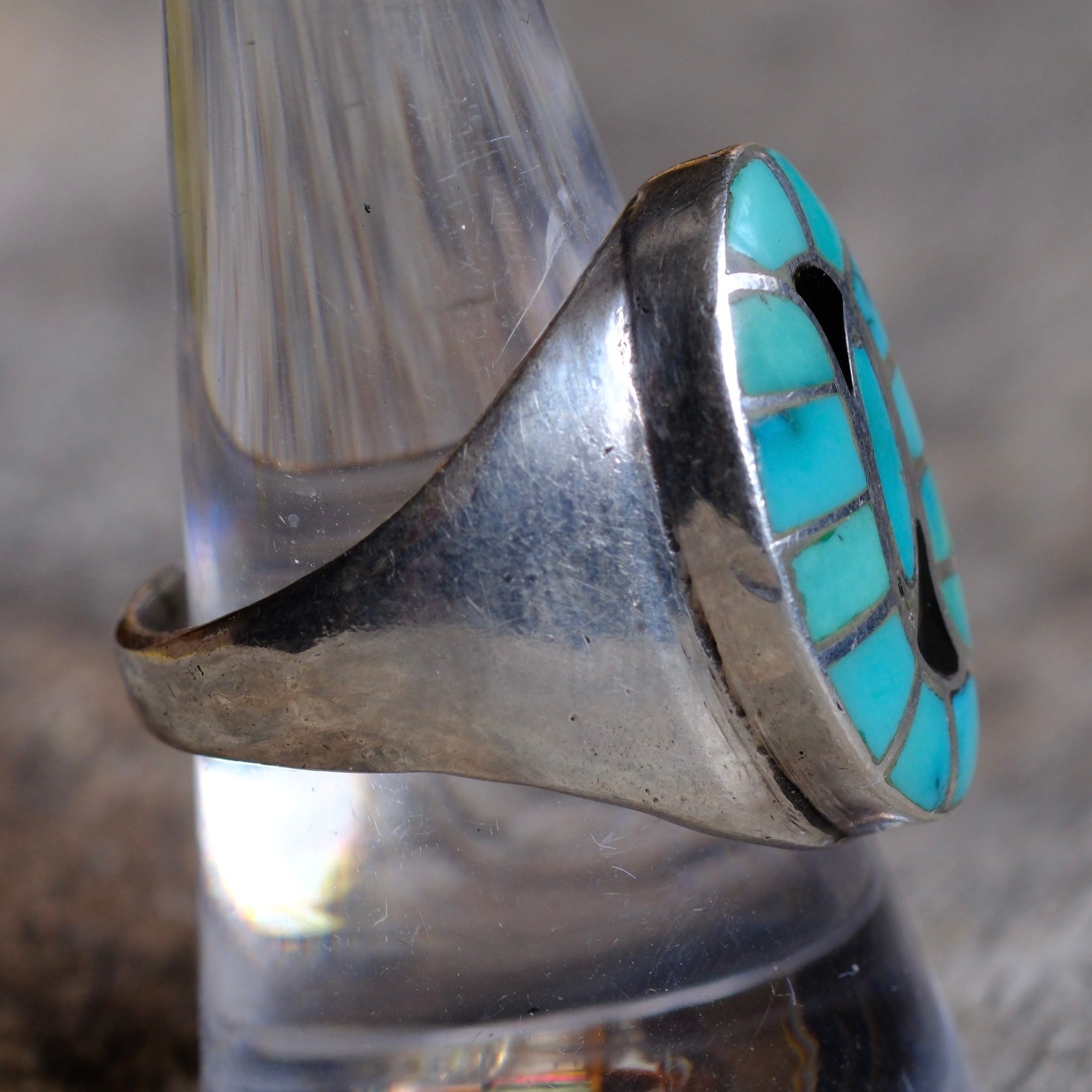 Vintage Sterling Turquoise and Jet Inlay Ring 9.25