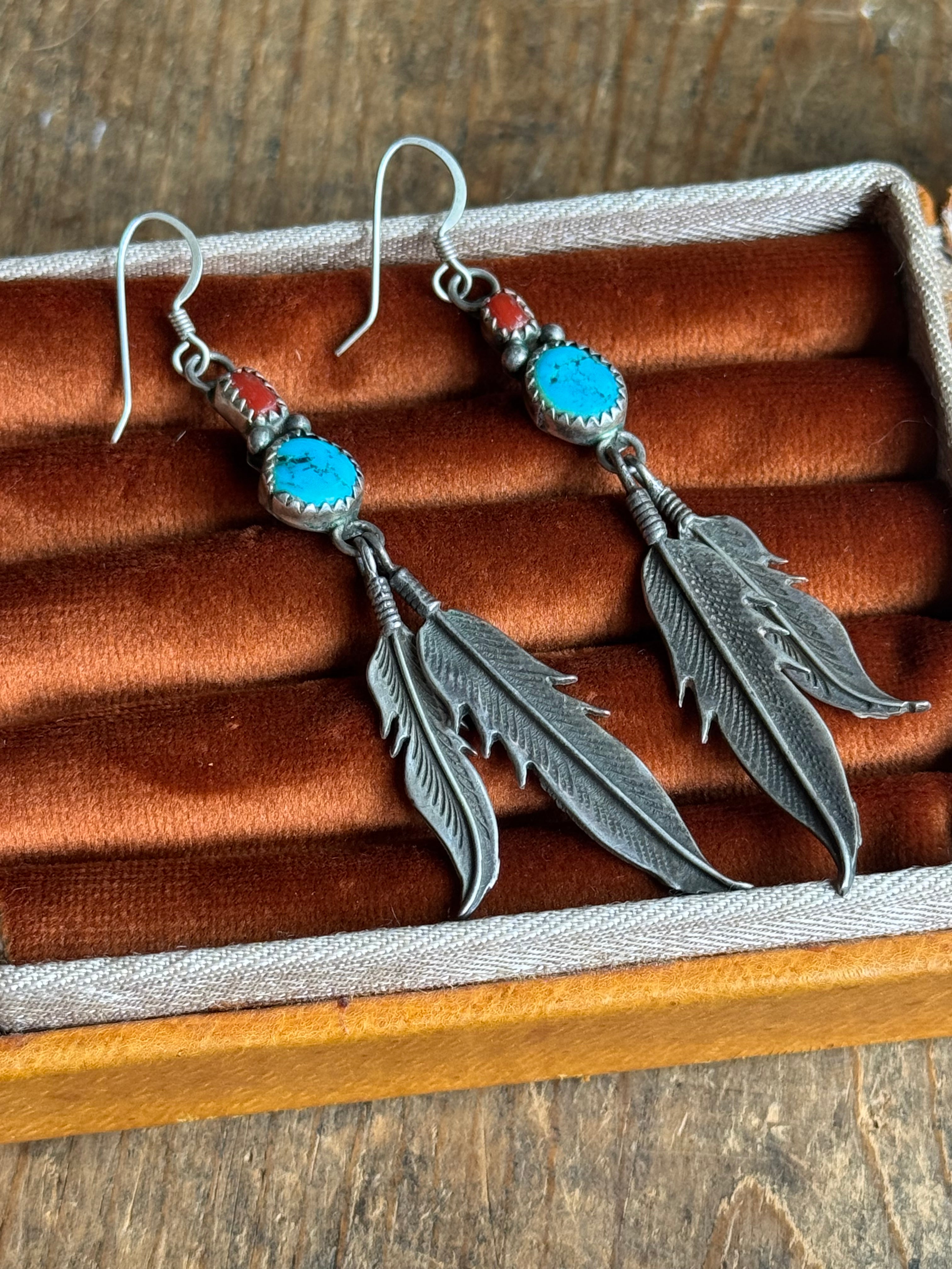 Vintage Sterling Silver Turquoise & Coral Feather Earrings