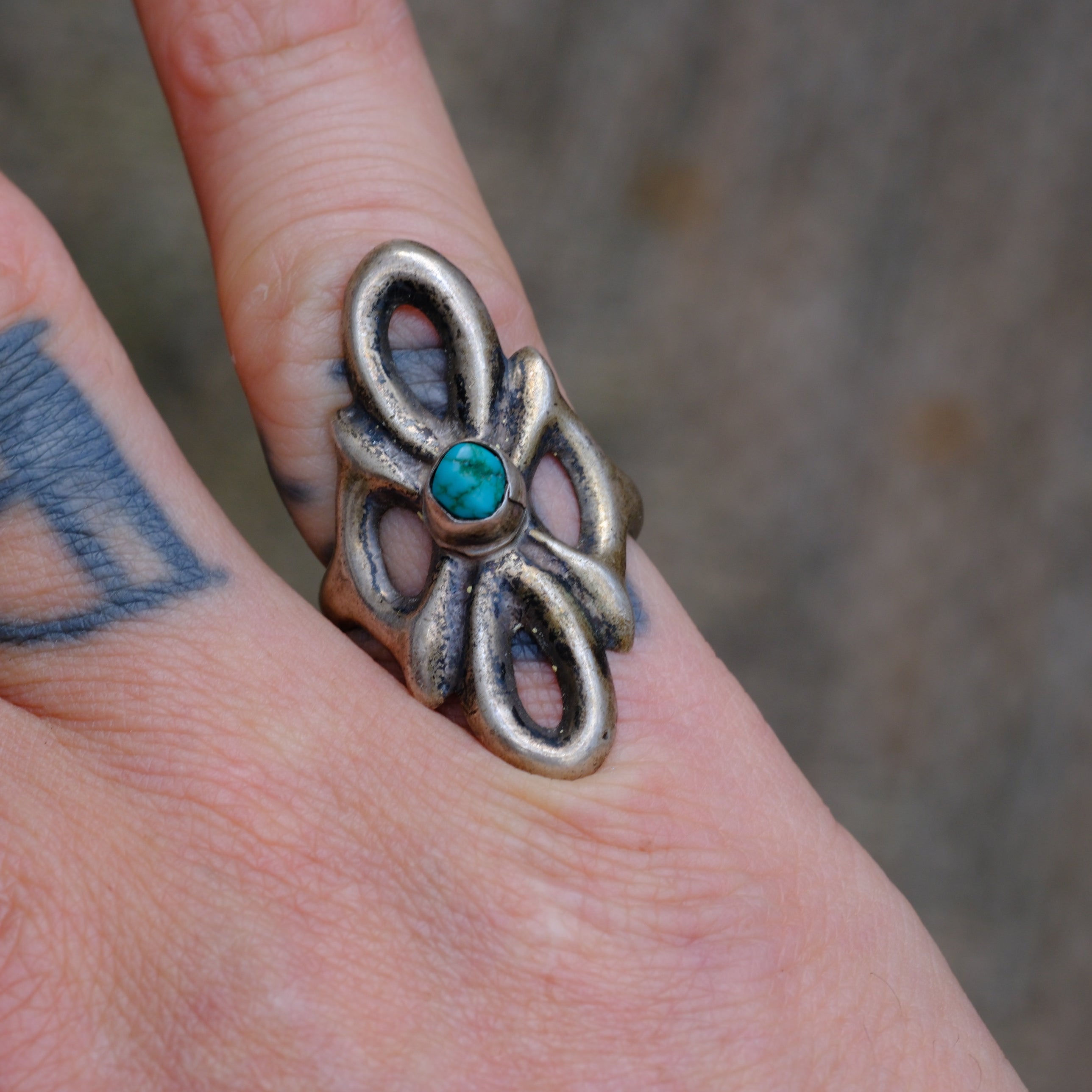 Vintage Sterling Turquoise Sand Cast Ring 6.5