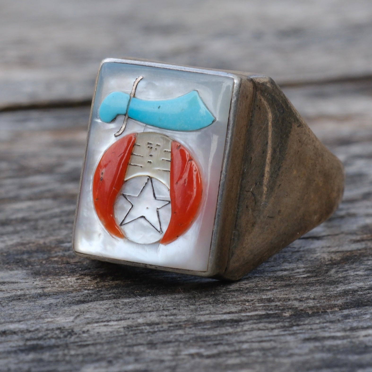 Vintage Sterling Zuni Inlay Shriners Ring 10.75