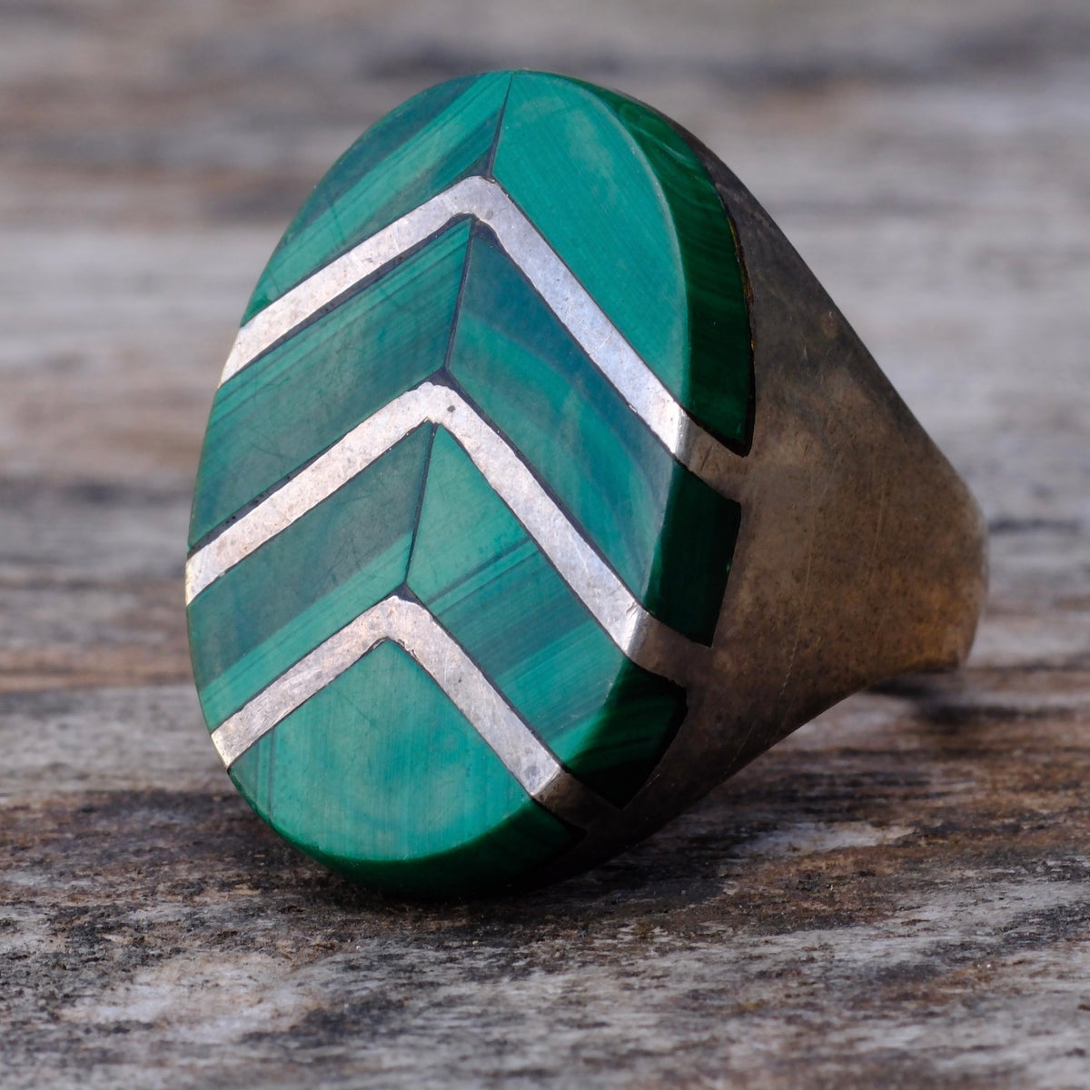 Vintage Sterling Malachite Inlay Ring 10