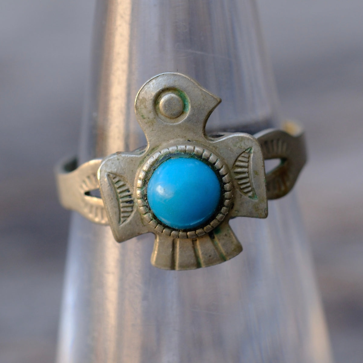 Vintage Sterling Turquoise Thunderbird Ring 4.5