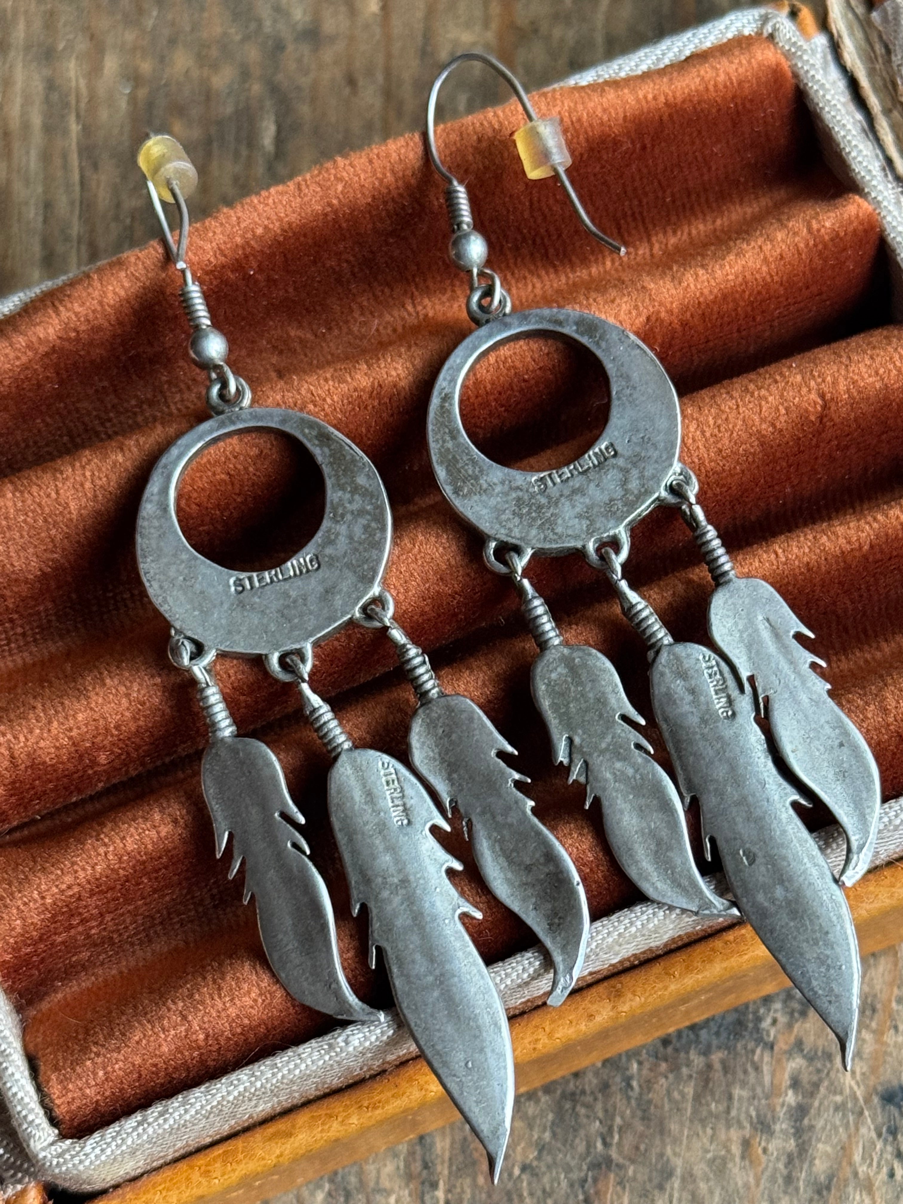 Vintage Sterling Silver Stamped Feather Earrings