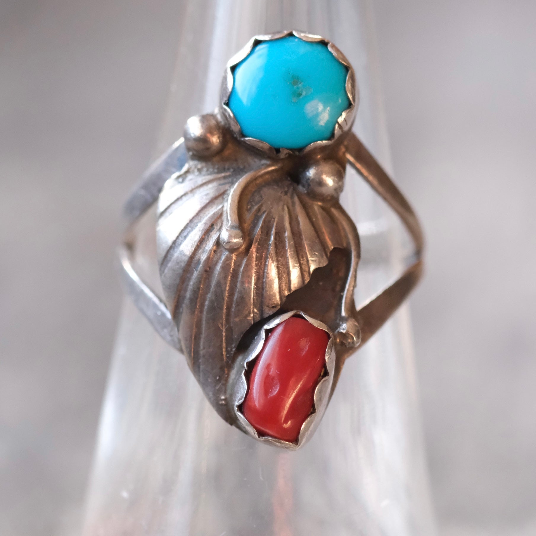 Vintage Sterling Turquoise and Coral Feather Ring 5.75