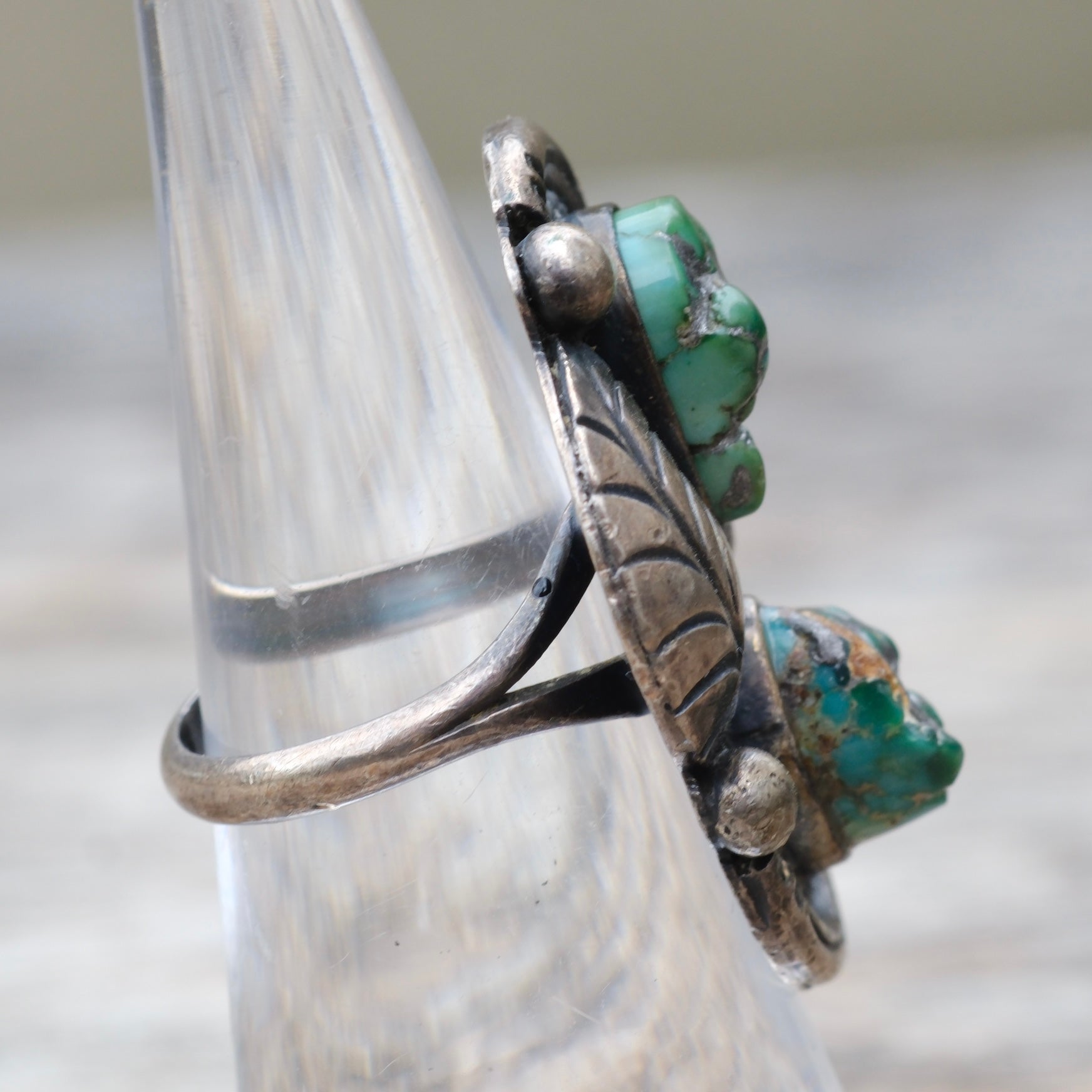 Vintage Sterling 2-Stone Turquoise Feather Ring 5.75