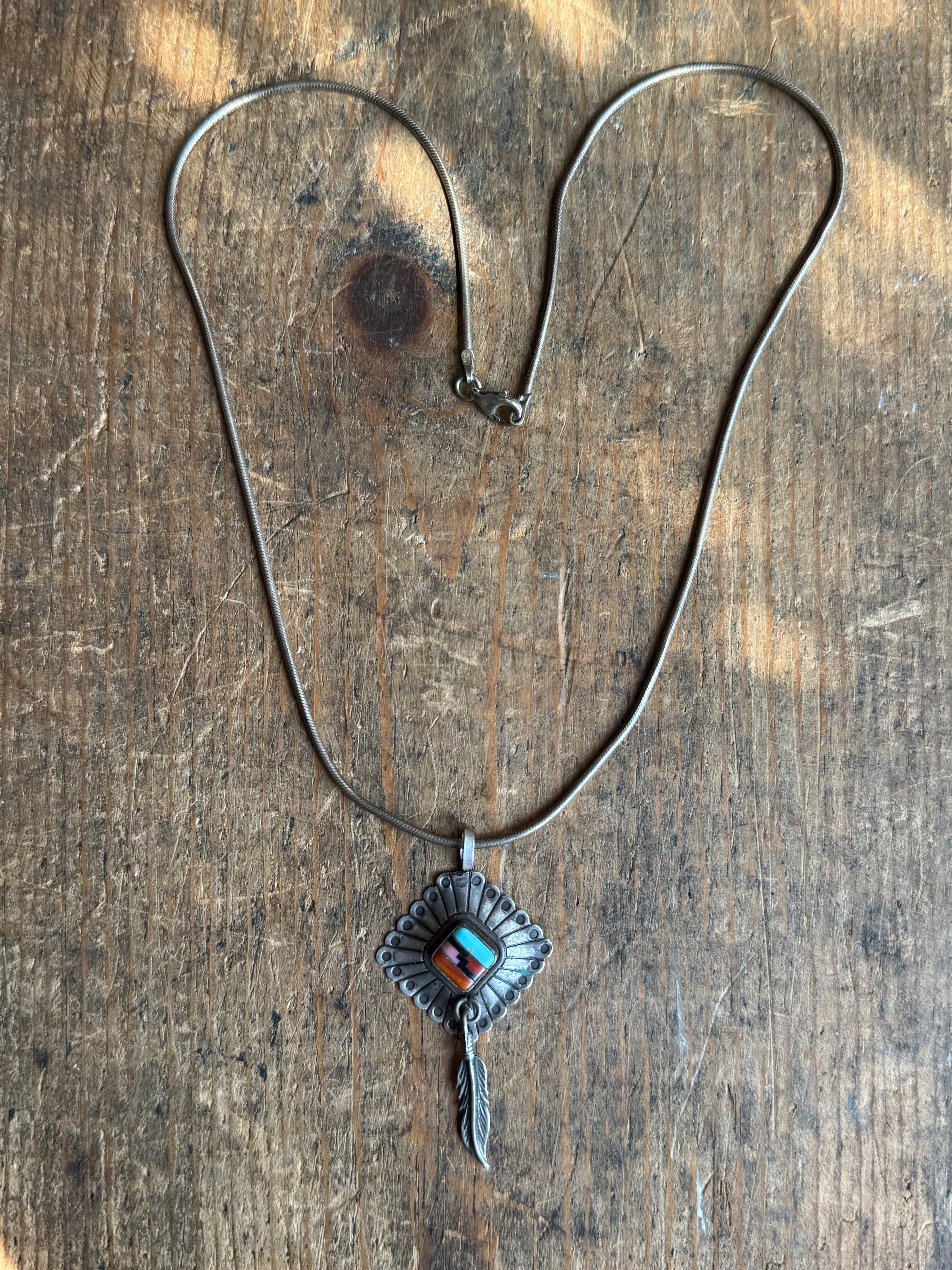 Vintage Sterling Silver Multistone Inlay Feather Concho 18" Necklace