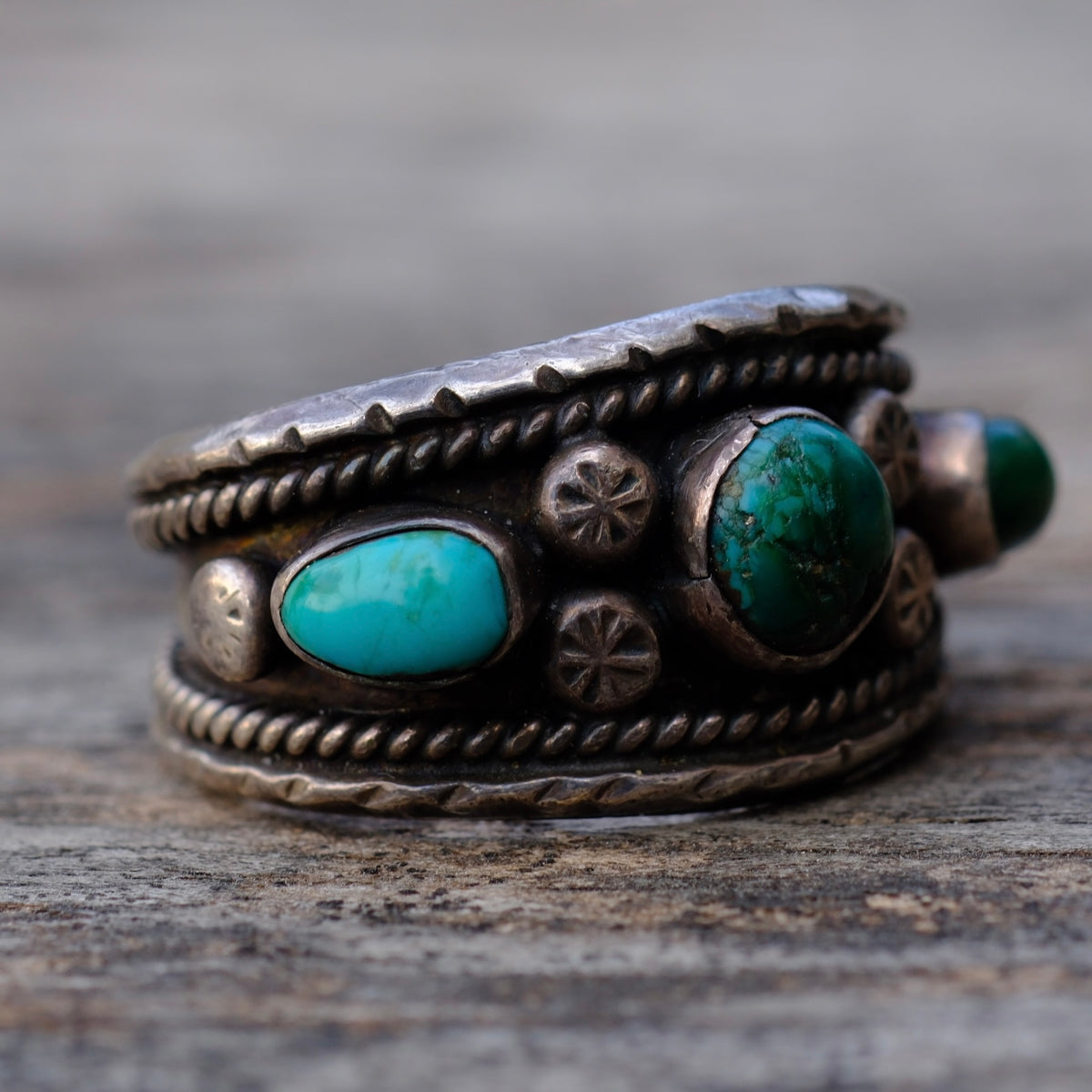 Vintage Sterling Chunky 3-Stone Turquoise Ring 11.75