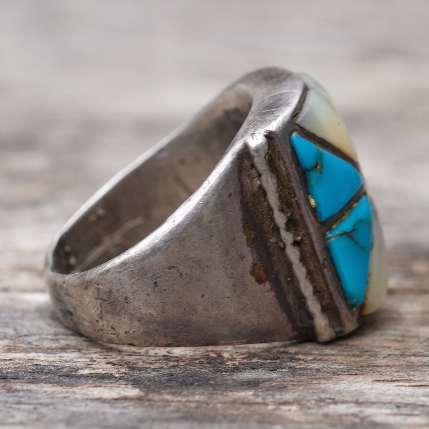 Vintage Sterling Turquoise and Mother Of Pearl Inlay Ring 9