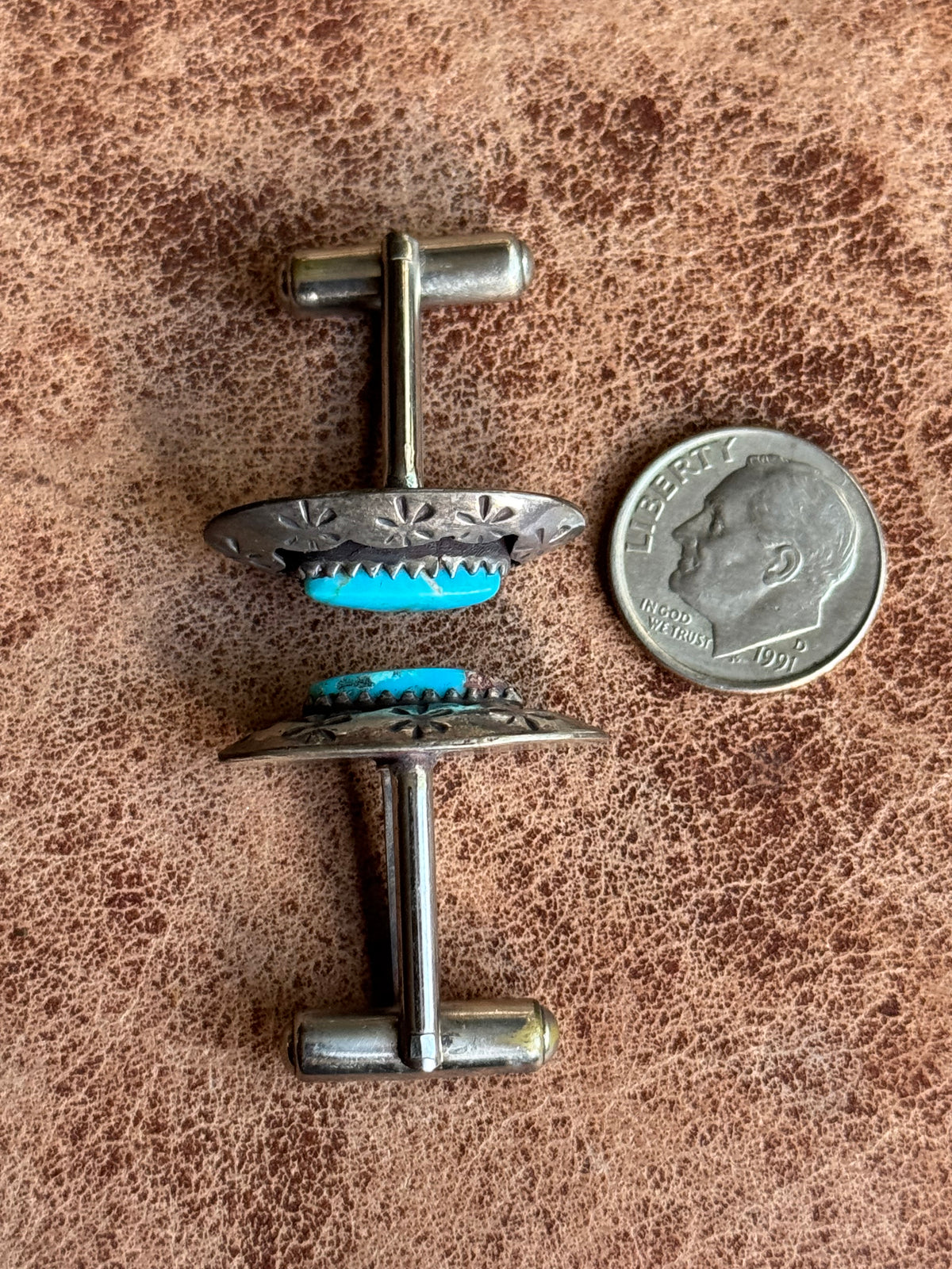 Vintage Sterling Silver Stamped Turquoise Shadowbox Cufflinks